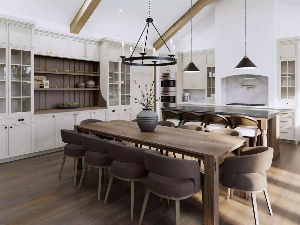 Reclaimed Wood Table and Iron Chandelier Anchor an Open Kitchen-Dining Space