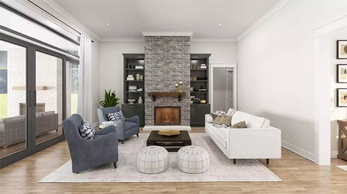Gray Brick Fireplace Tower That Earns Every Inch of Wall Space