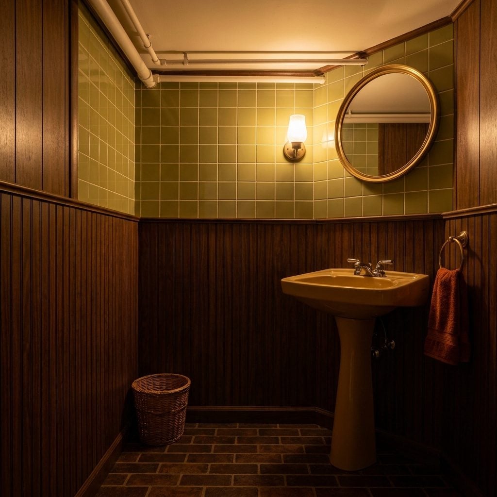 The Basement Powder Room Where Wood Paneling Met Tile and Nobody Questioned It
