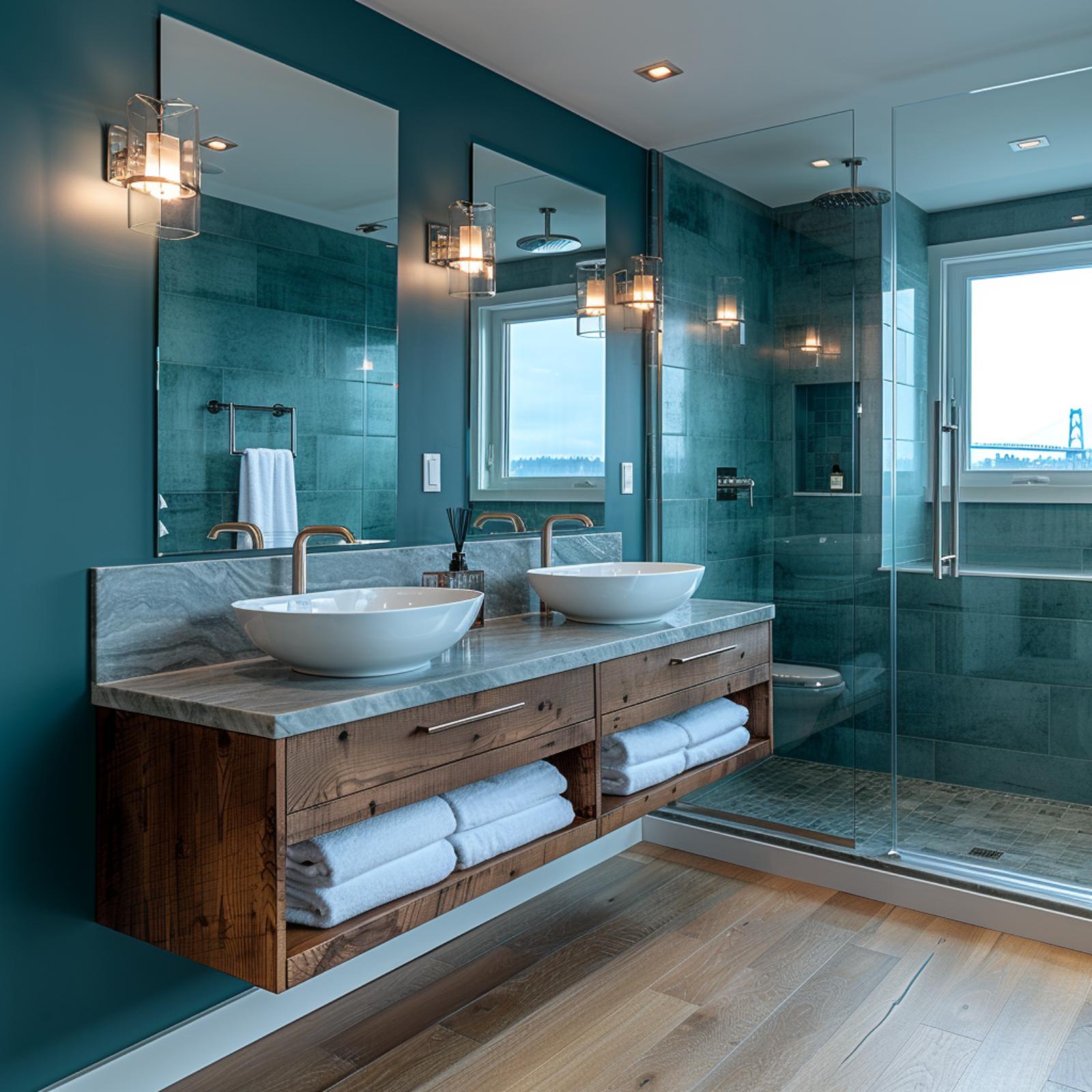 Teal Walls, a Floating Walnut Vanity, and Vessel Sinks That Don't Overcomplicate Things