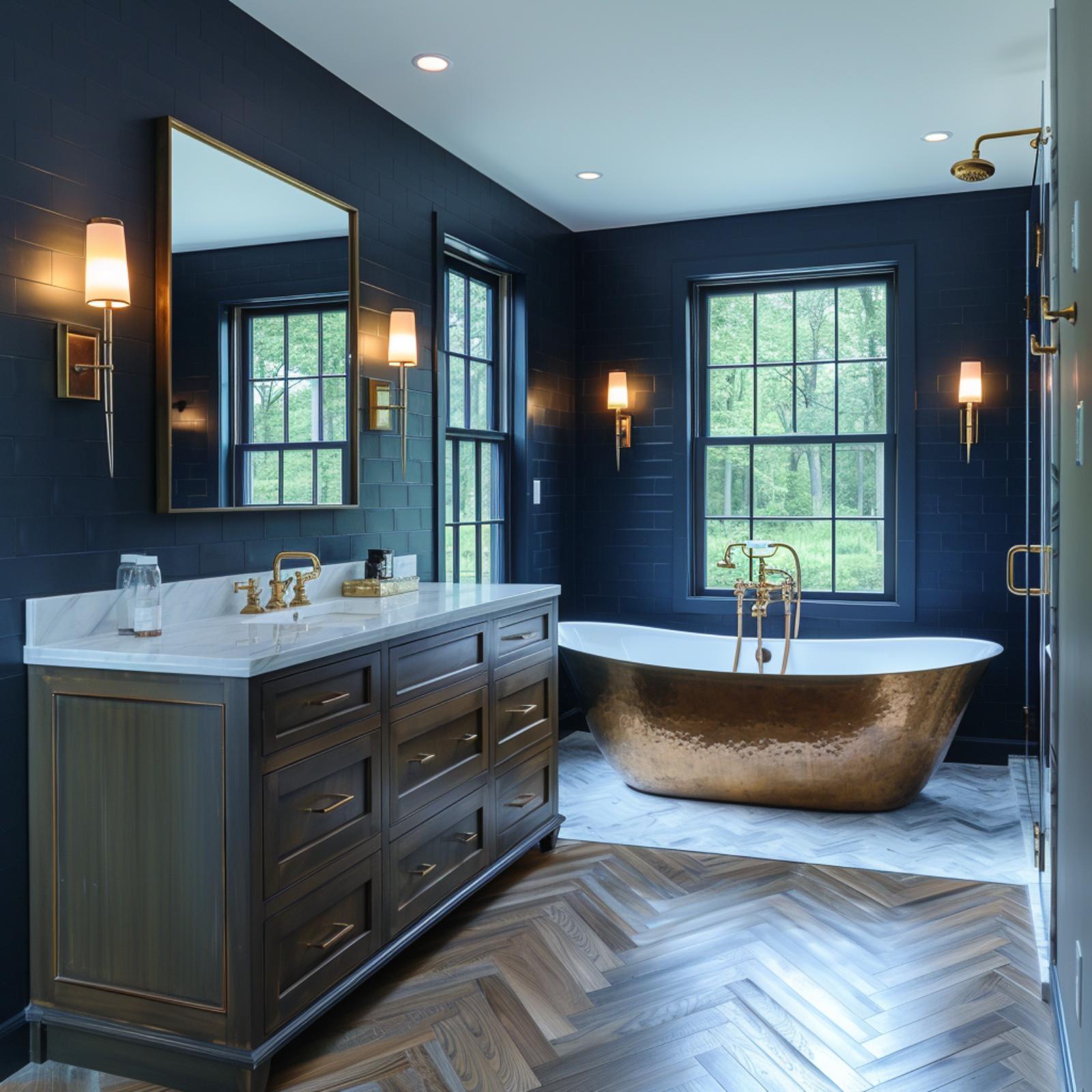 Hammered Bronze Tub, Navy Subway Tile, and a Herringbone Floor That Refuses to Be Ignored