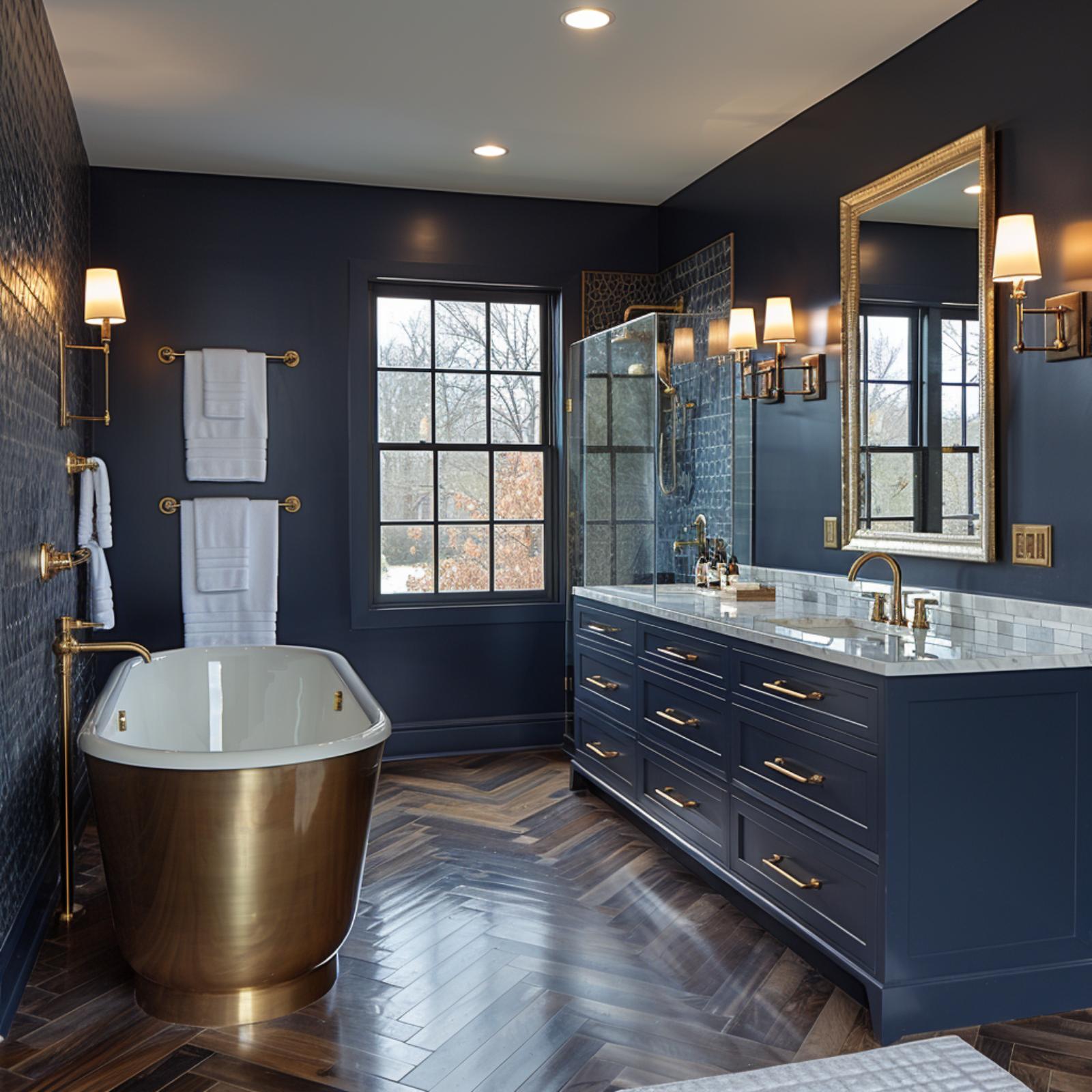 Gold Tub, Navy Walls, and Herringbone Wood That Holds the Room Together