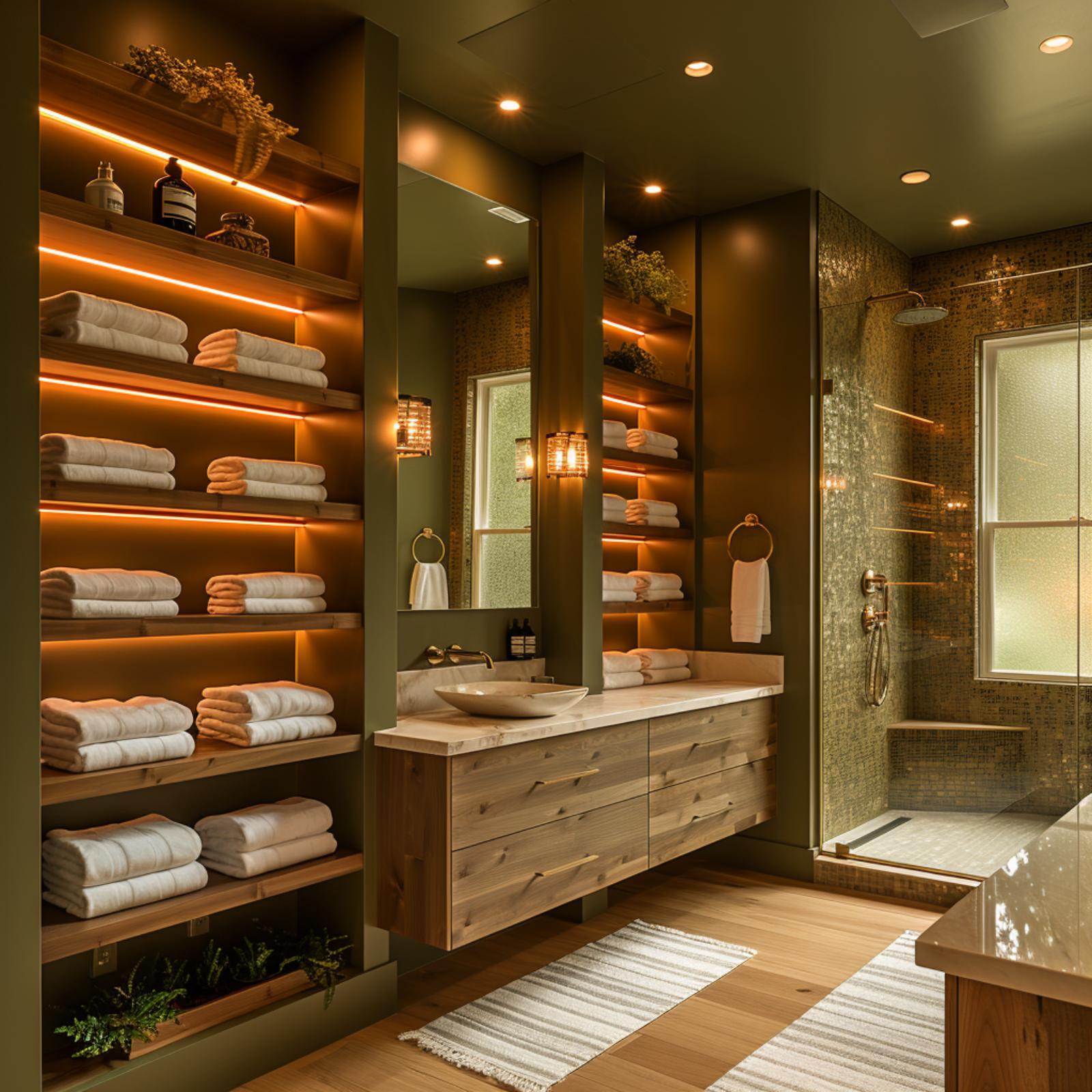 Olive Walls, LED-Lit Shelving, and a Mosaic Shower That Pulls Its Weight