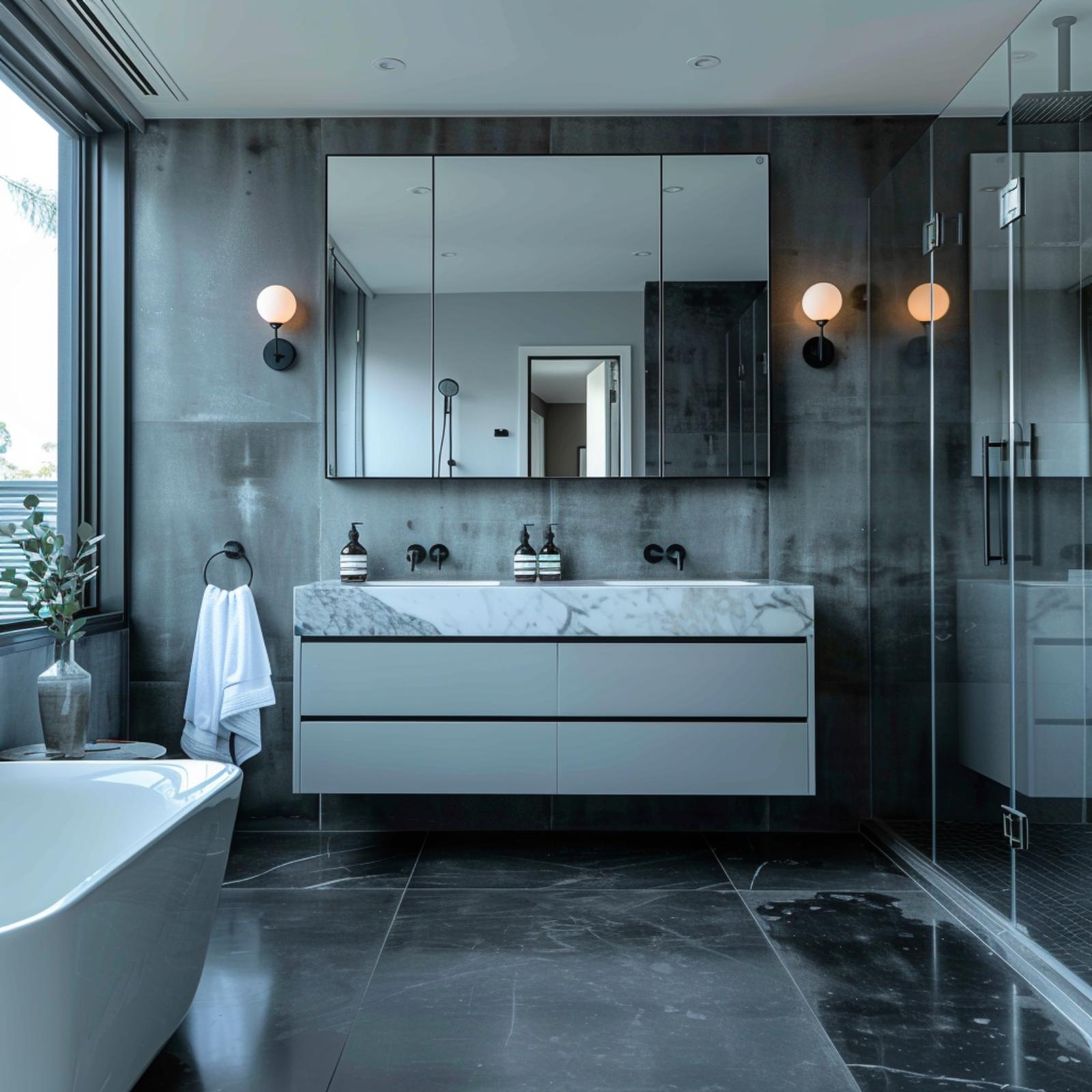 Concrete Walls, Marble Vanity Top, and Globe Sconces That Justify Every Design Choice