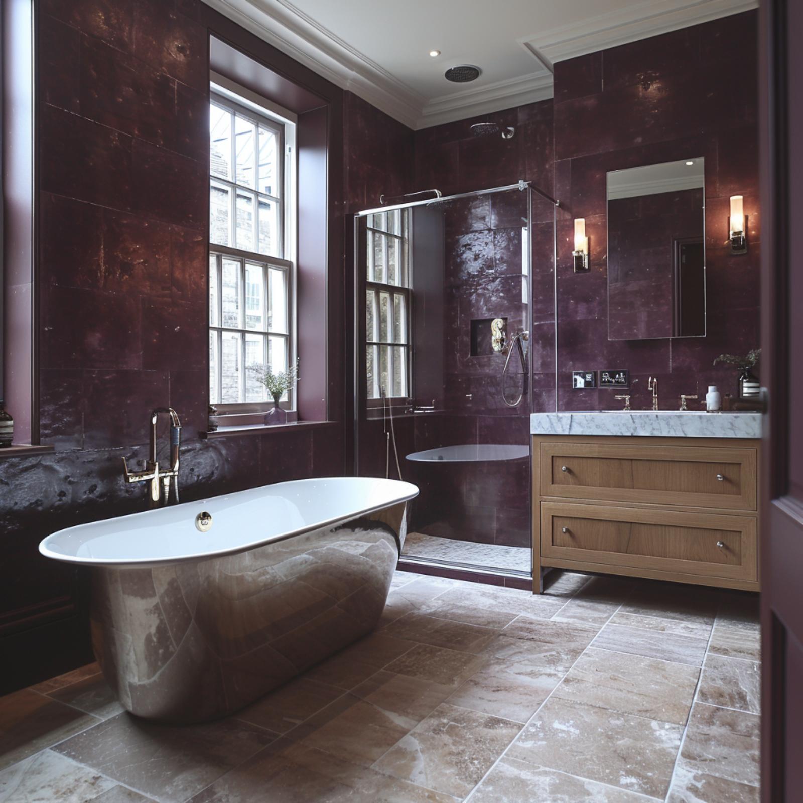 Plum Zellige, a Chrome Soaking Tub, and Oak Vanity That Keeps Things Grounded