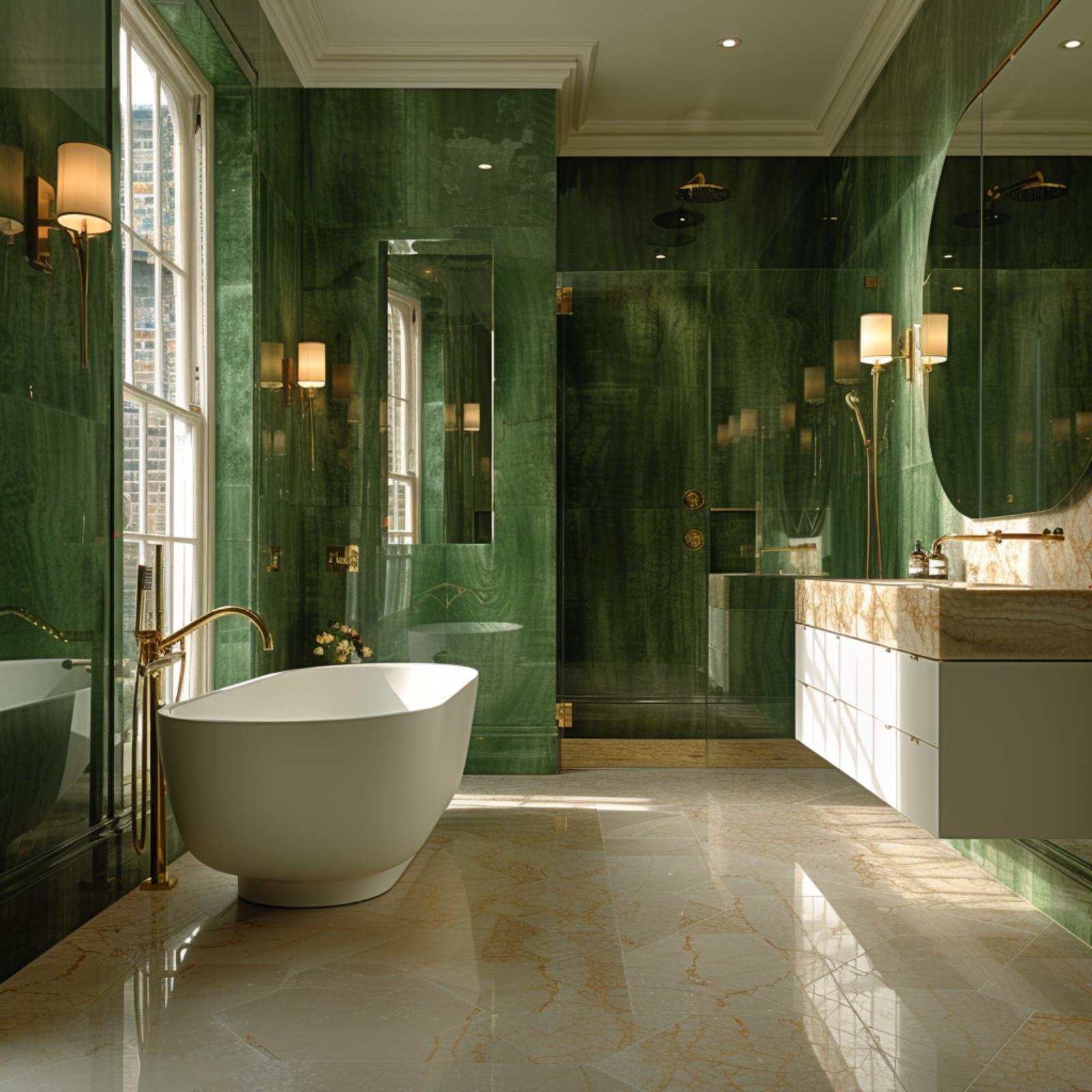 Emerald Marble Walls, a Freestanding Tub, and Gold That Knows When to Stop