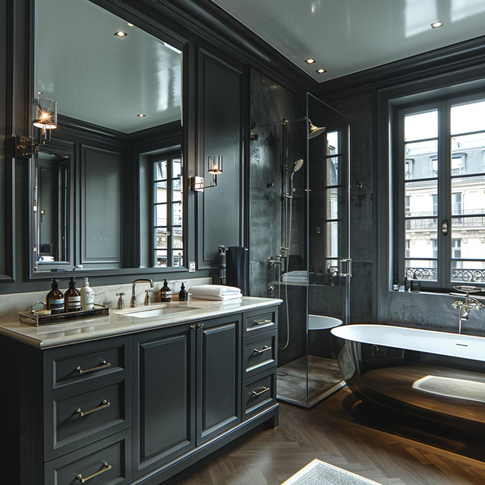 Slate Vanity, Herringbone Parquet, and a Freestanding Tub Framed by Parisian Windows