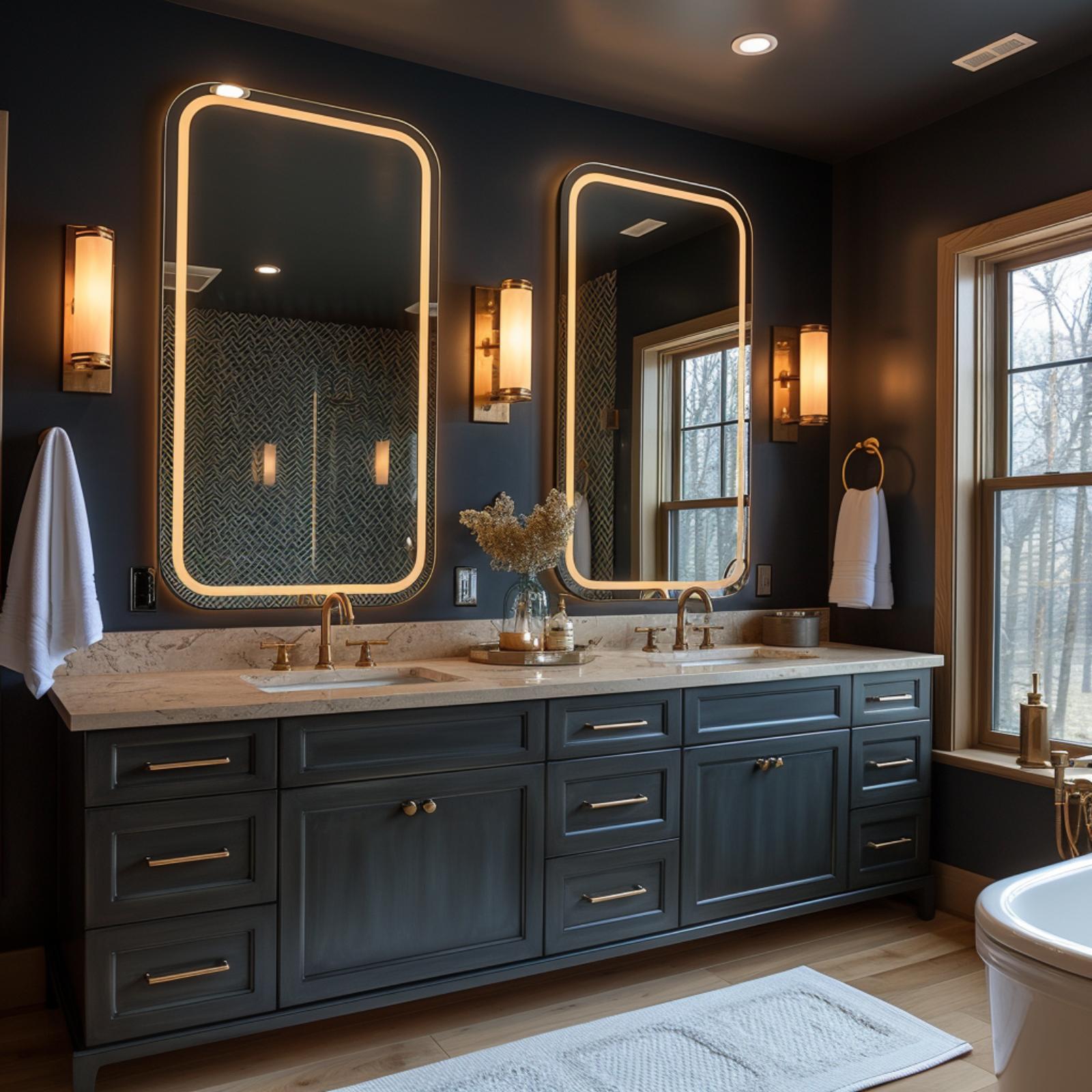 Navy Walls, Backlit Mirrors, and Brass That Knows Exactly What It's Doing