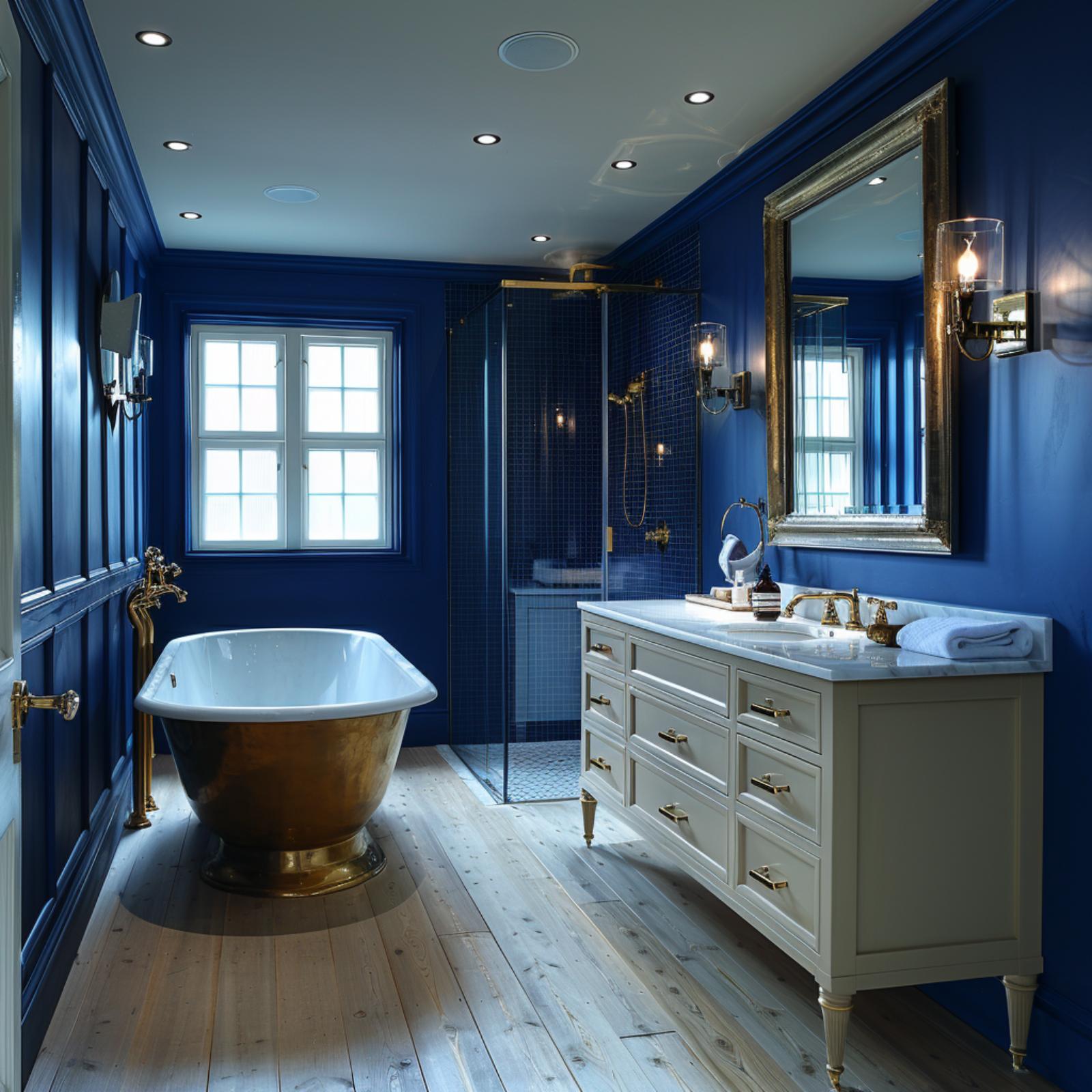 Royal Blue Walls, a Copper Soaking Tub, and Wood Floors That Anchor It All