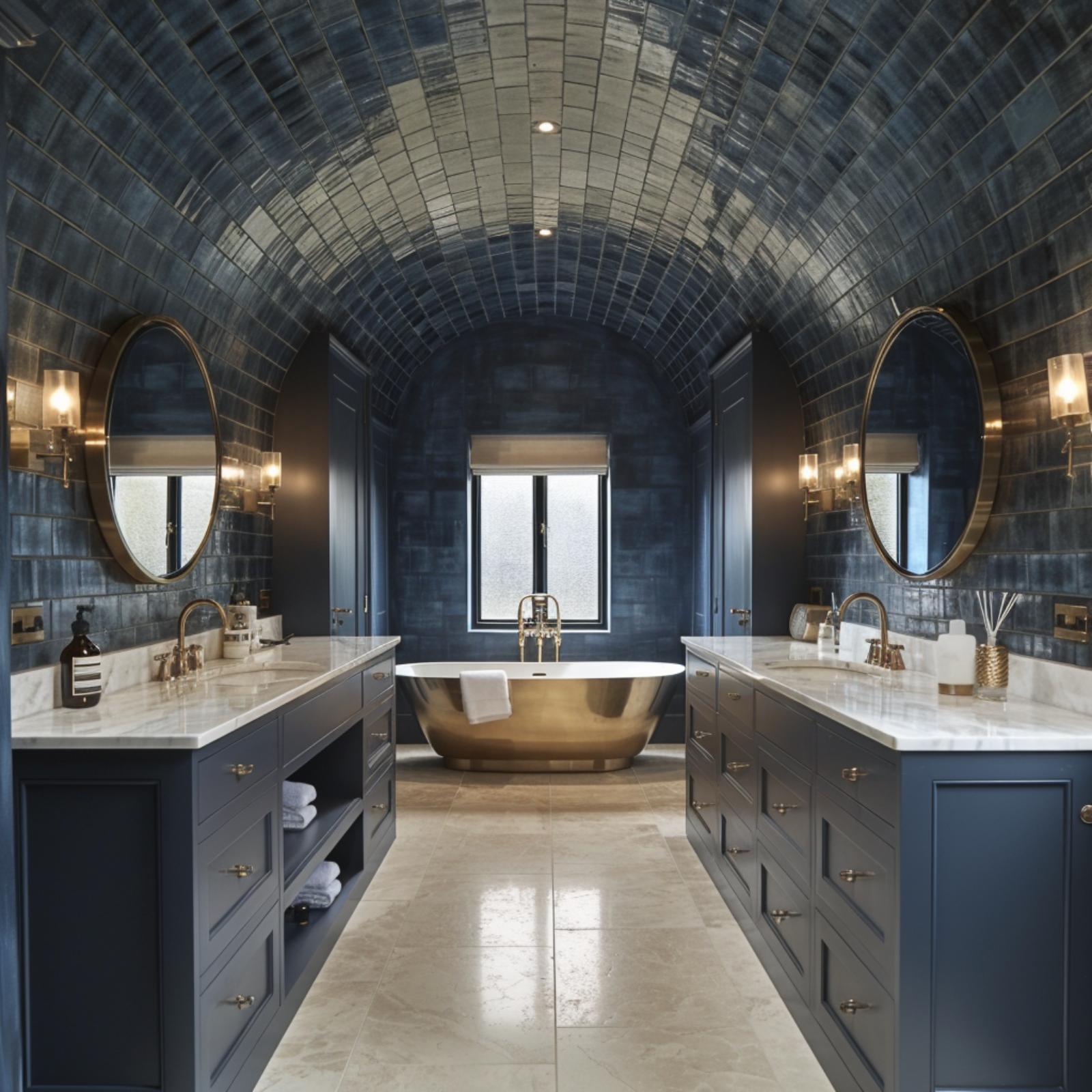 Barrel Vault Ceiling, Bronze Soaking Tub, and Blue Zellige That Goes Wall to Ceiling