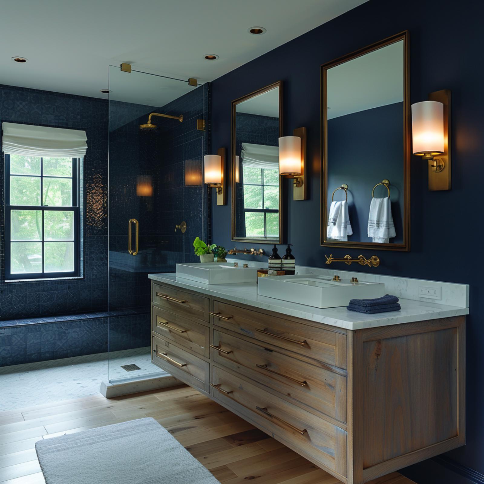 Navy Walls, a Wood Vanity, and Brass Fixtures That Pull Every Element Into Alignment
