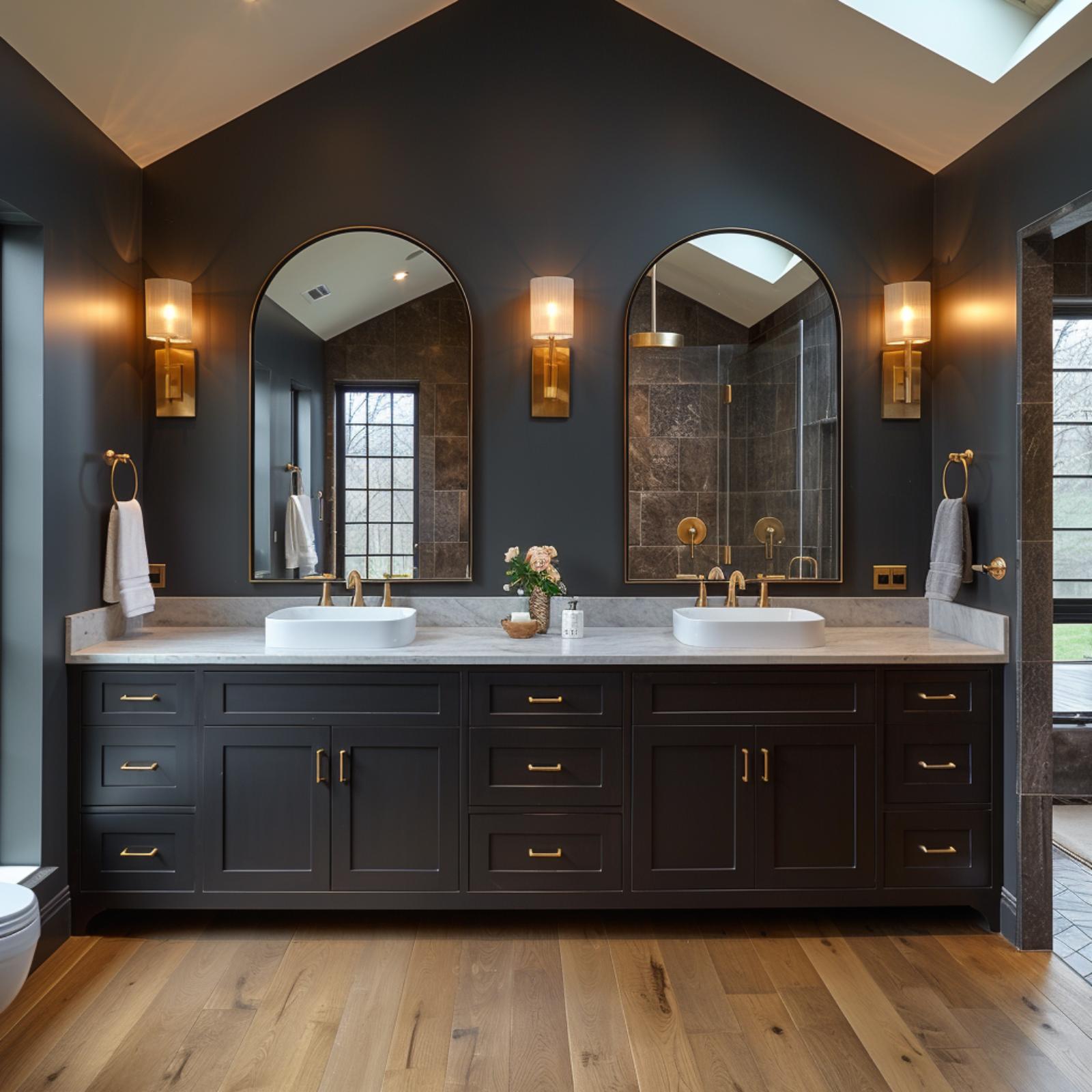 Slate Walls, Arched Brass Mirrors, and Oak Floors That Refuse to Let It Feel Heavy