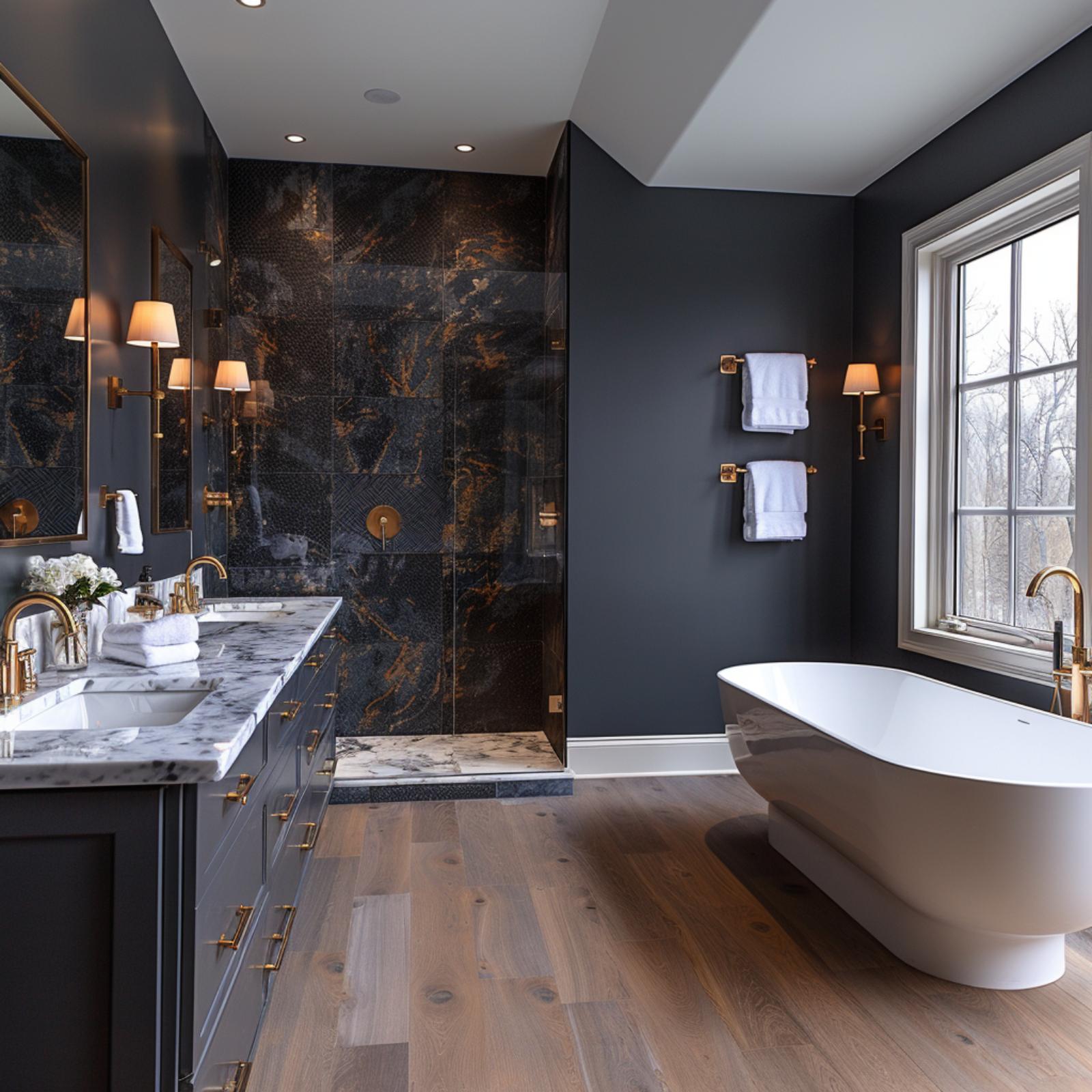 Slate Walls, Gold Hardware, and a Freestanding Tub That Earns the Window