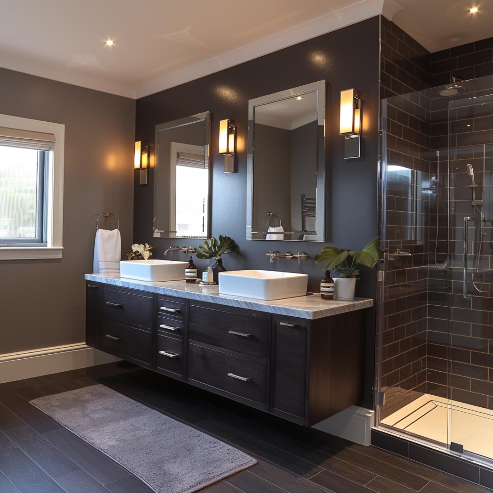 Charcoal Walls, Vessel Sinks, and a Walk-In Shower Tiled Floor to Ceiling