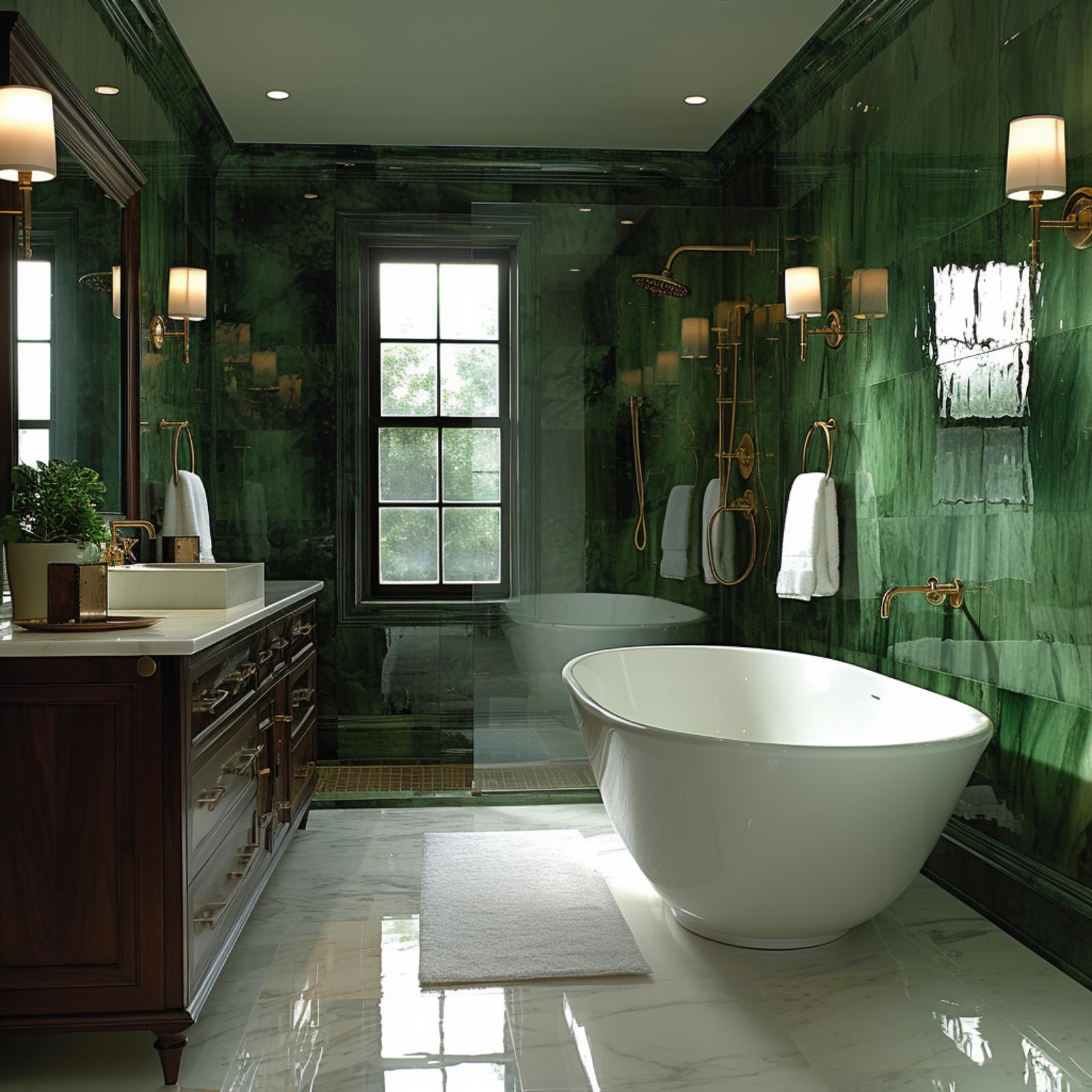 Jade Marble Walls, a Soaking Tub, and Gold Hardware That Doesn't Overplay Its Hand