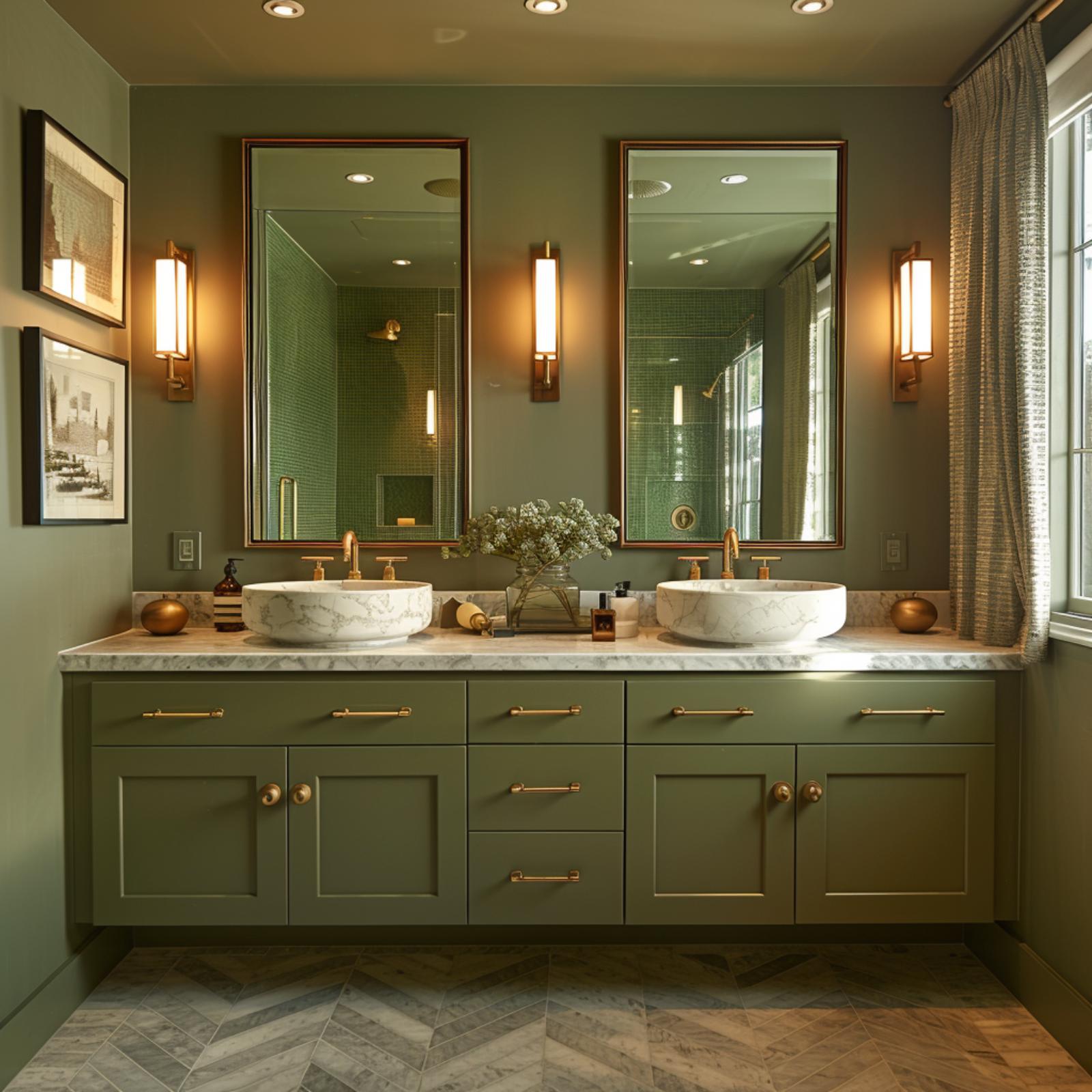 Olive Green Vanity, Marble Vessel Sinks, and Brass That Ties the Whole Room Together