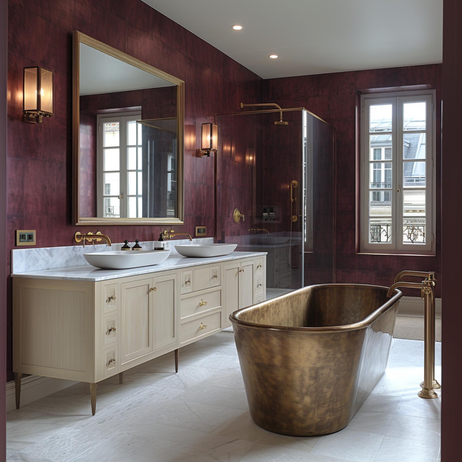 Burgundy Wall Panels, a Patinated Copper Tub, and Cream Cabinetry That Earns Its Place