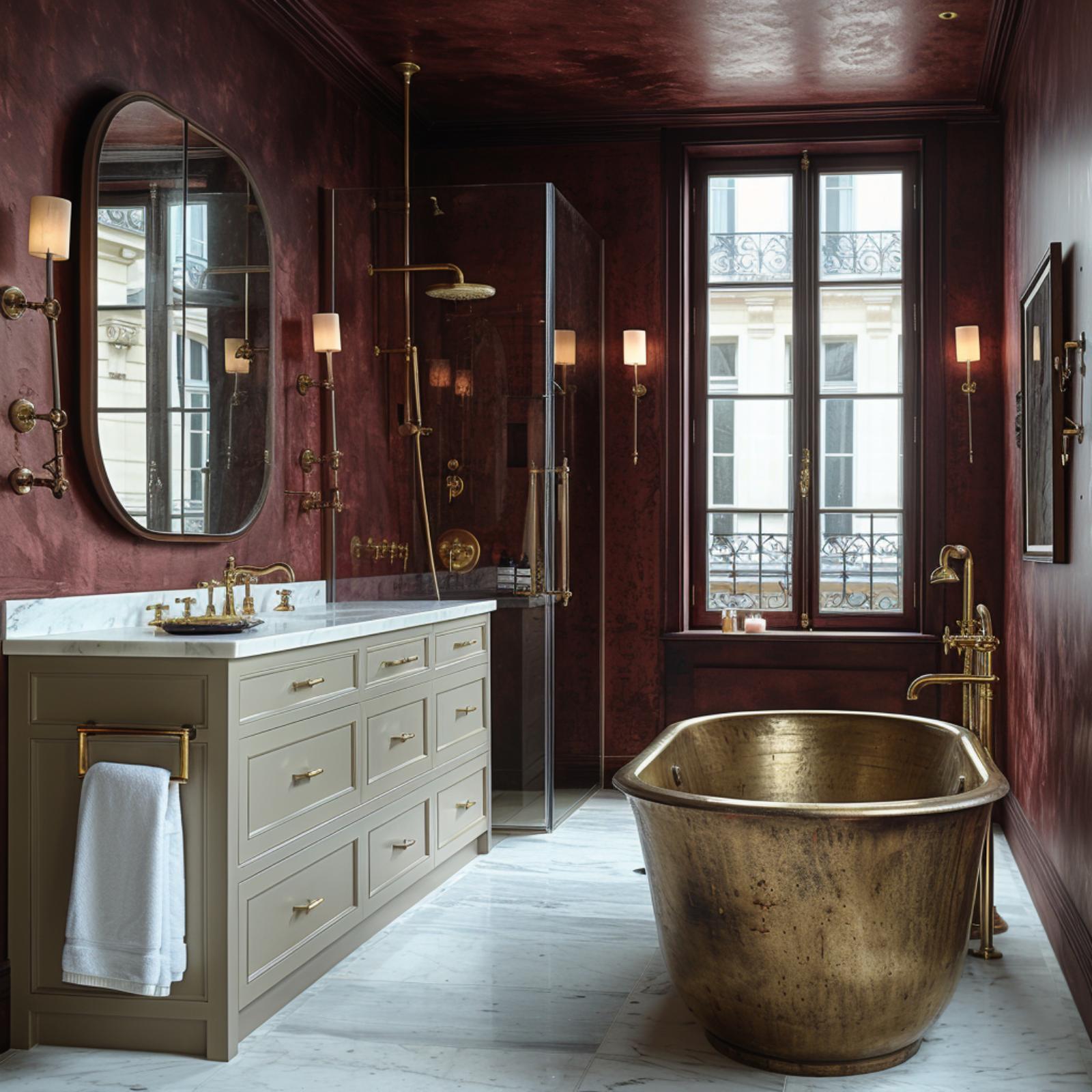 Burgundy Walls, a Brass Soaking Tub, and the Confidence to Commit