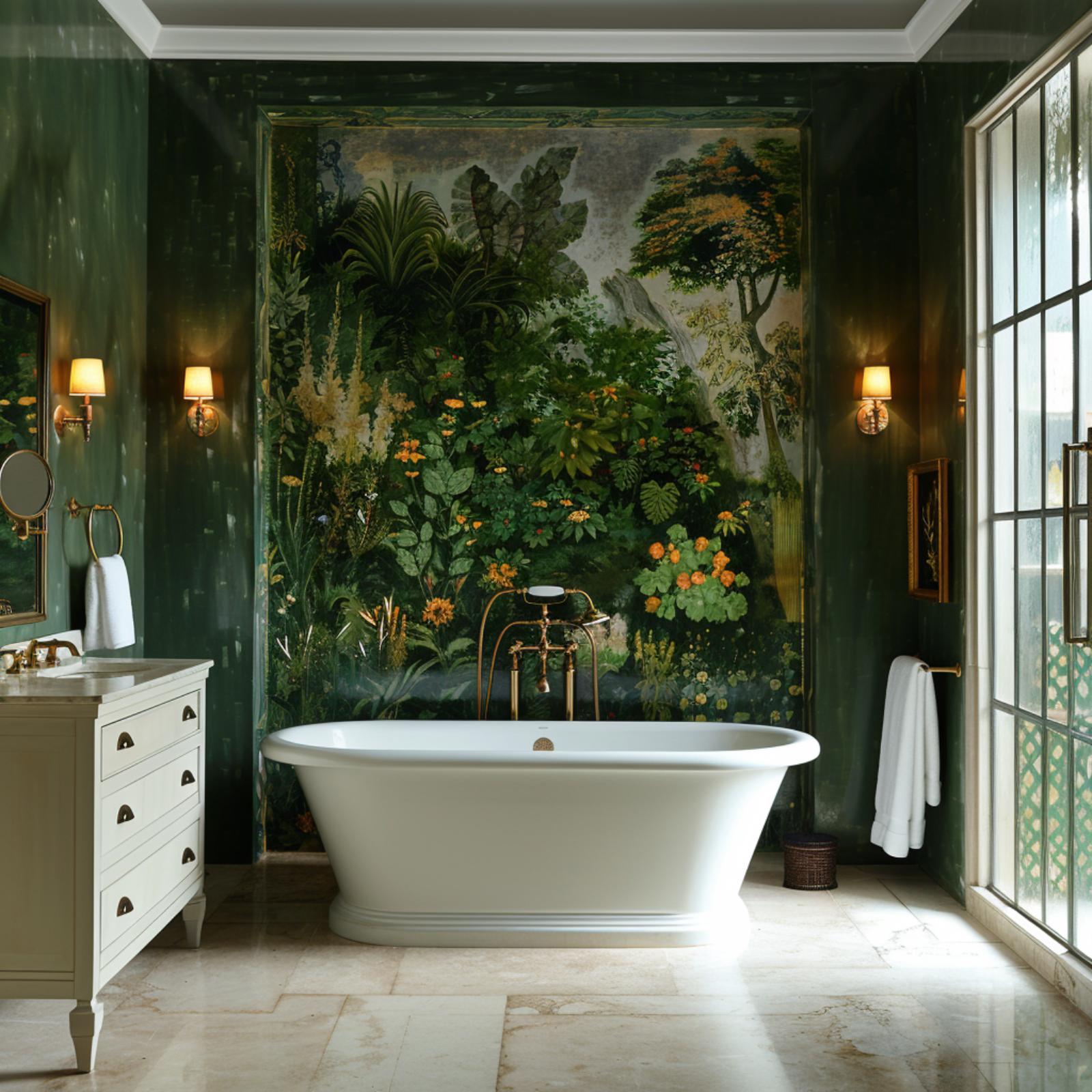 Forest Mural, Freestanding Tub, Dark Green Walls — and It All Works