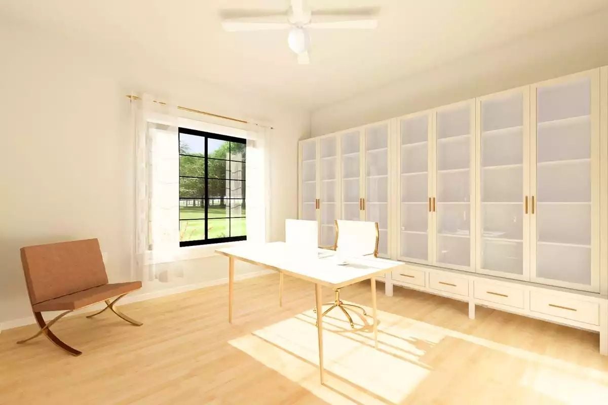Gold Accents and Frosted Glass Cabinets Define a Home Office Built for Actual Work