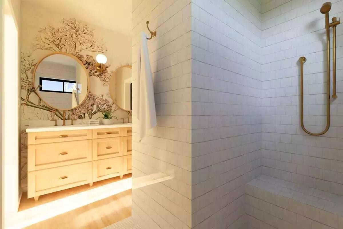 Gold Fixtures and Botanical Wallpaper Give This Double Vanity Real Personality
