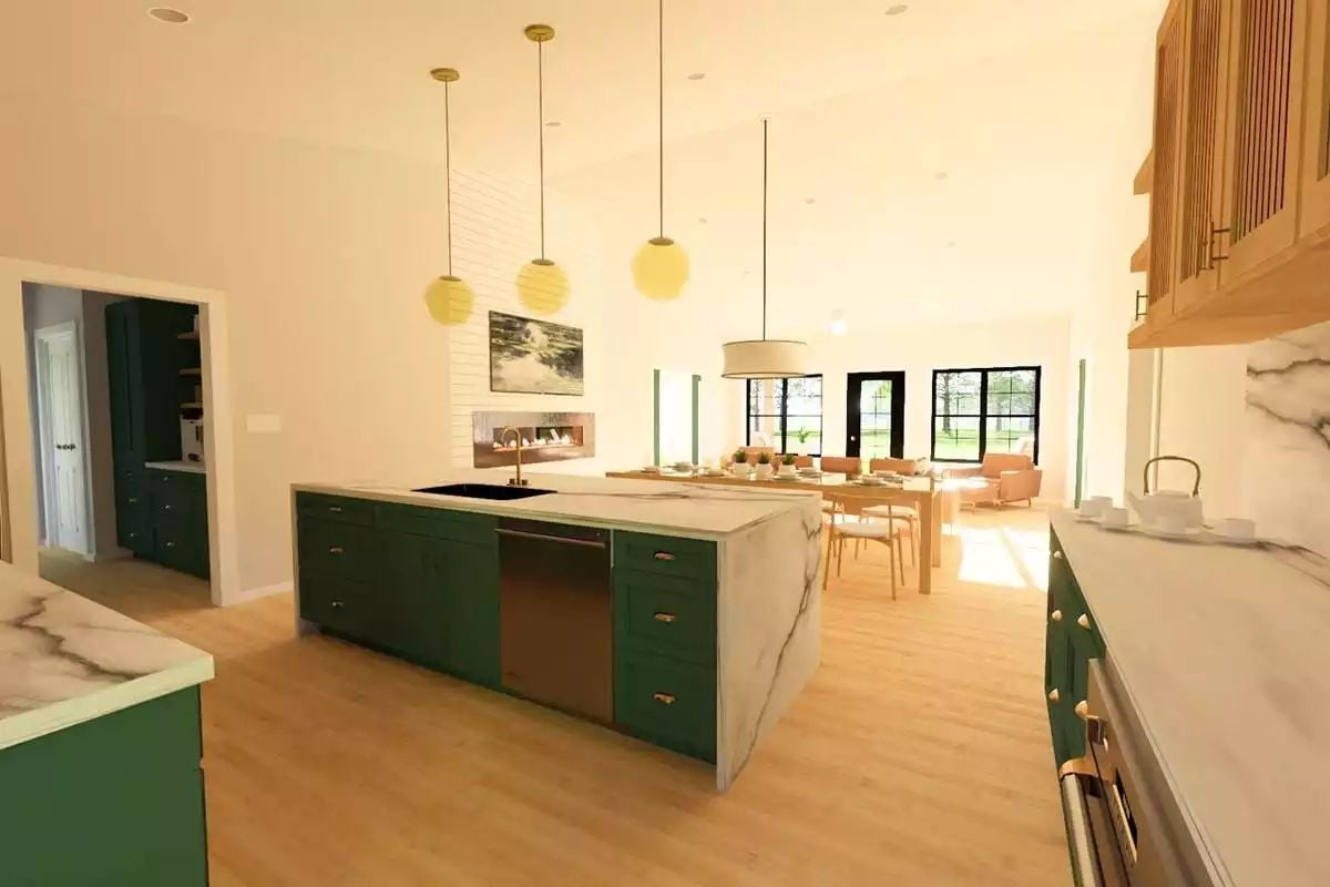 Green Cabinetry and Marble Waterfall Counters Set the Tone for the Whole Main Floor