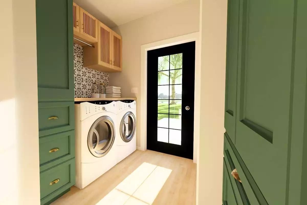 Sage Green Drawers and Patterned Tile Make Laundry Feel Less Like a Chore
