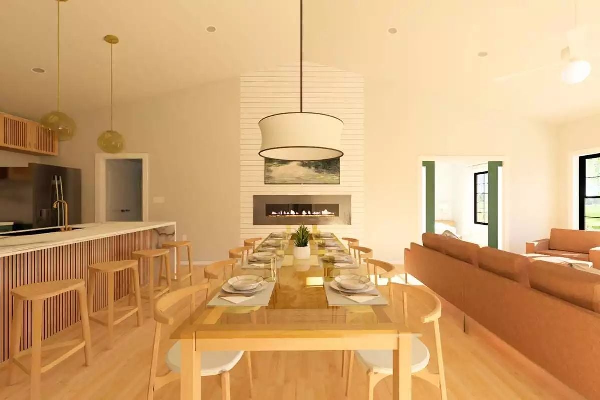 Warm Wood and a Linear Fireplace Anchor the Open Dining Space