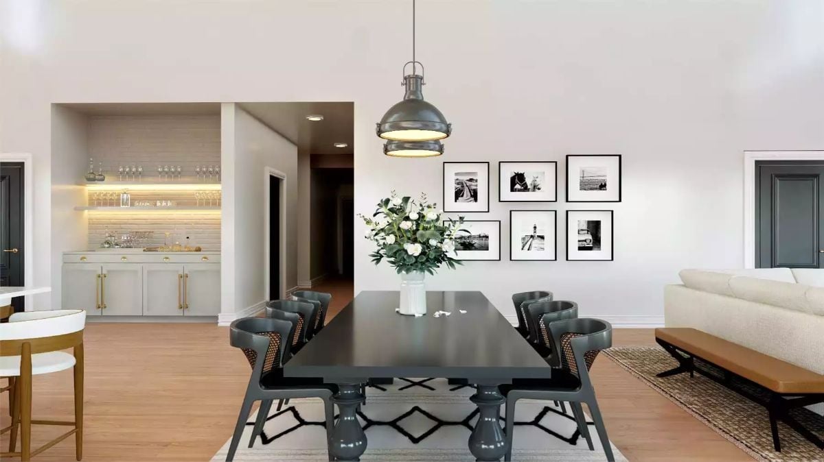 Industrial Pendant, Dark Table, and a Built-In Bar Tucked Just Around the Corner