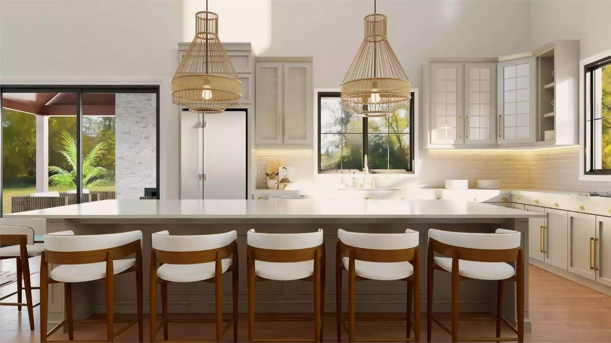 Wicker Pendants and a Five-Seat Island That Means Business