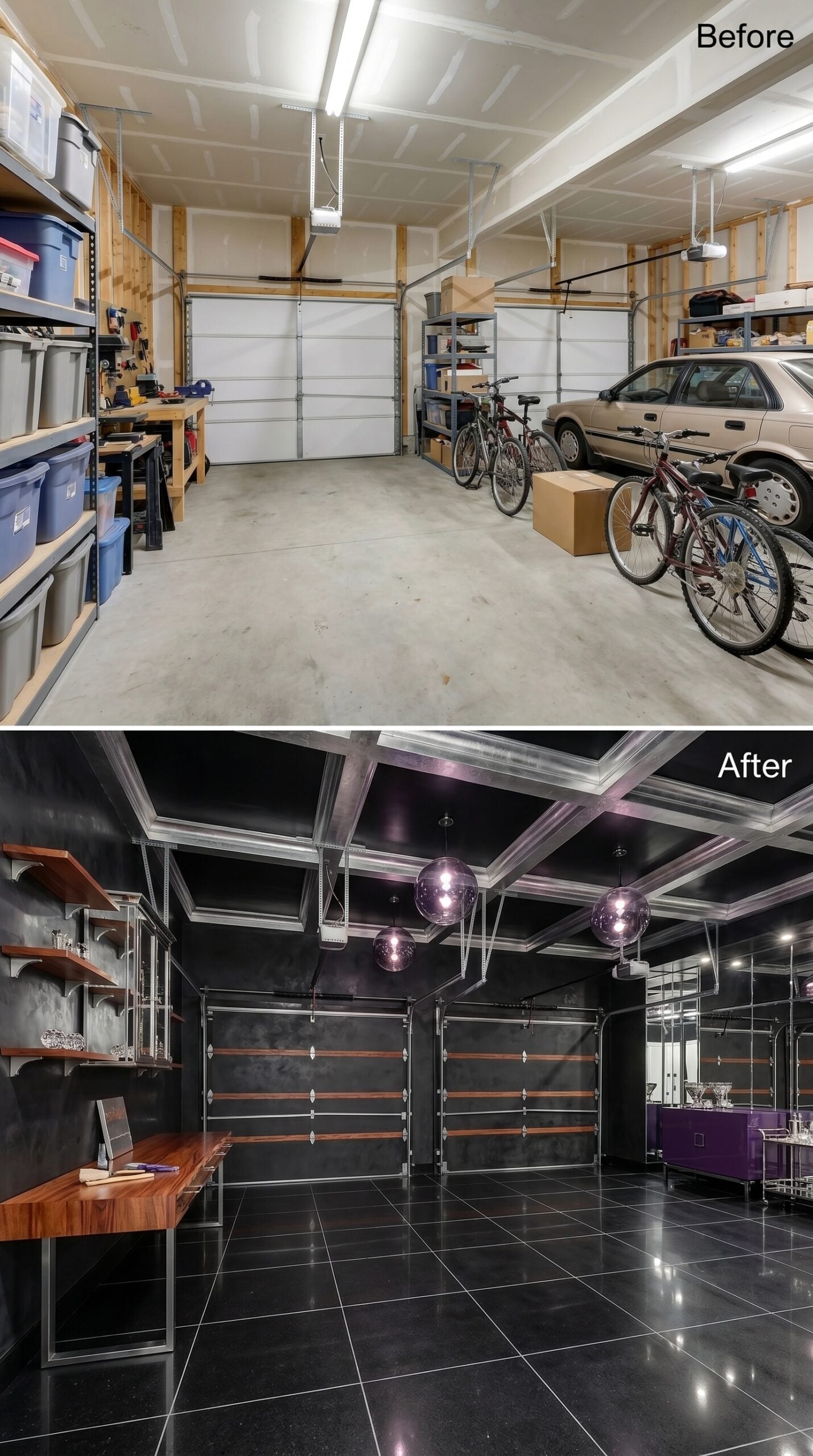 Black Lacquer Walls and Globe Pendants Give Two Bays a Nightclub Identity