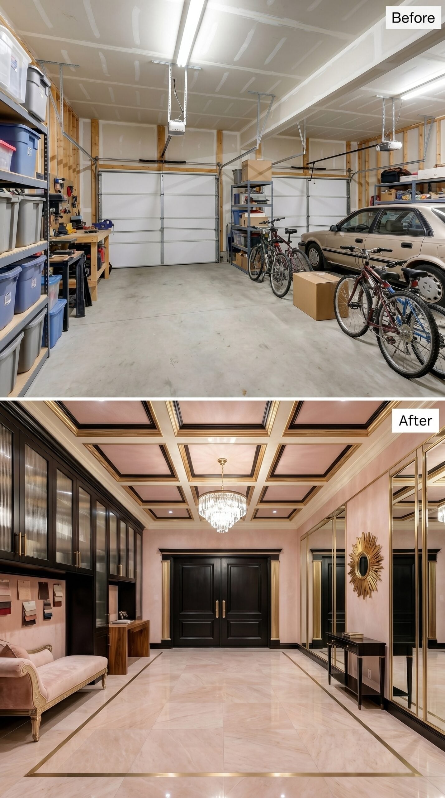 Blush Plaster Walls and a Crystal Chandelier Give Two Bays the Soul of a Grand Hotel Foyer