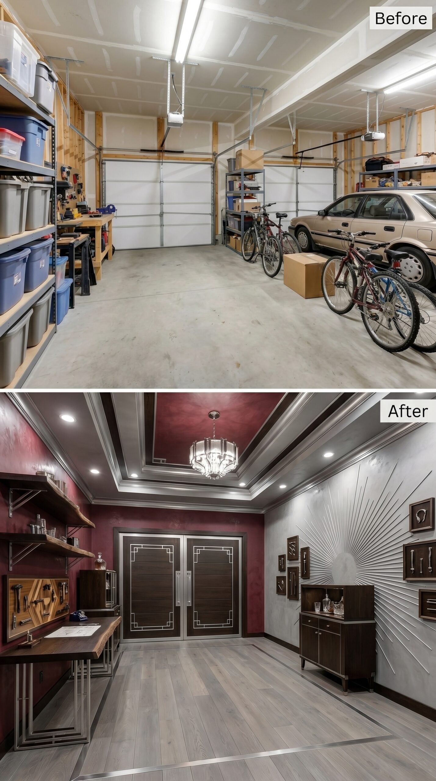 Burgundy Plaster and Art Deco Double Doors Give One Bay a Speakeasy Identity