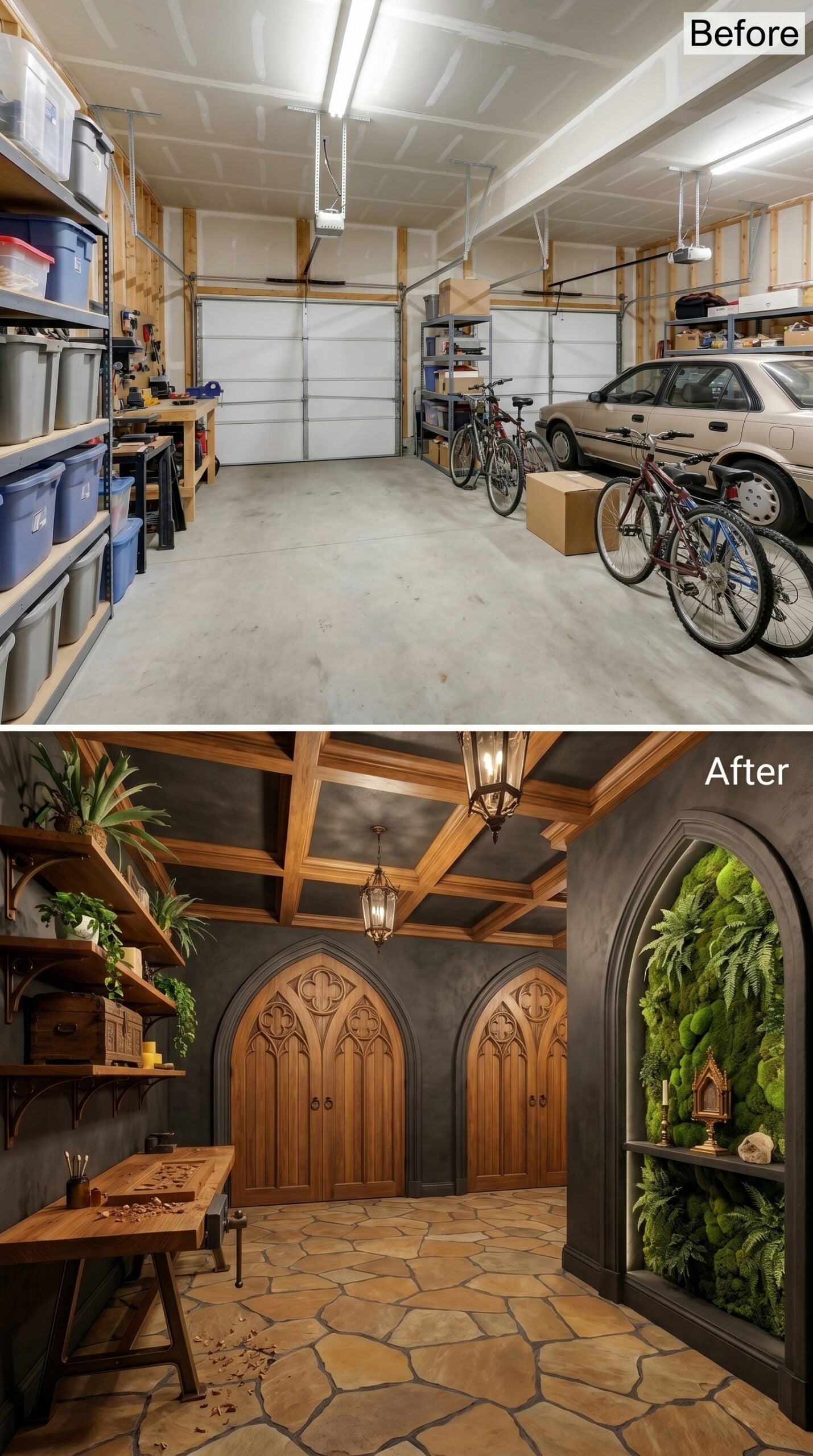 Charcoal Plaster and Gothic Arch Doors Give One Bay the Soul of a Medieval Scriptorium