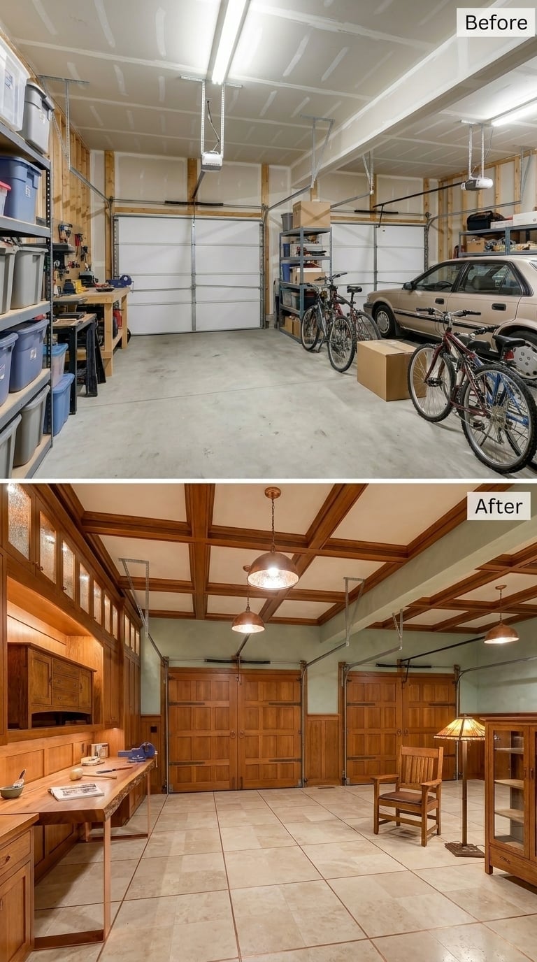 Coffered Ceilings and Craftsman Cabinetry Give a Two-Bay Garage the Feel of a Private Study