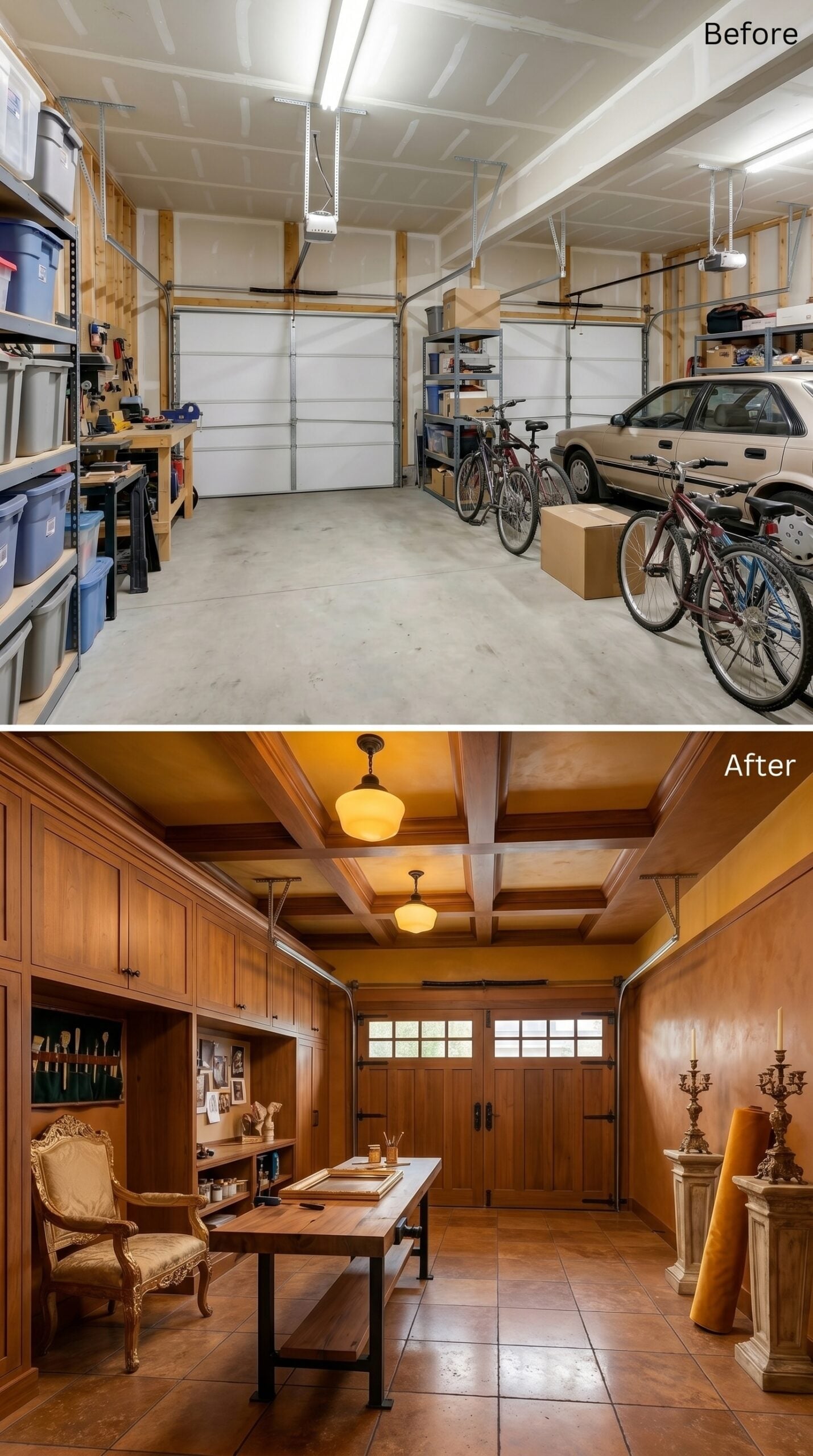 Coffered Ceilings and Walnut Cabinetry Give This Garage a Craftsman Studio Feel