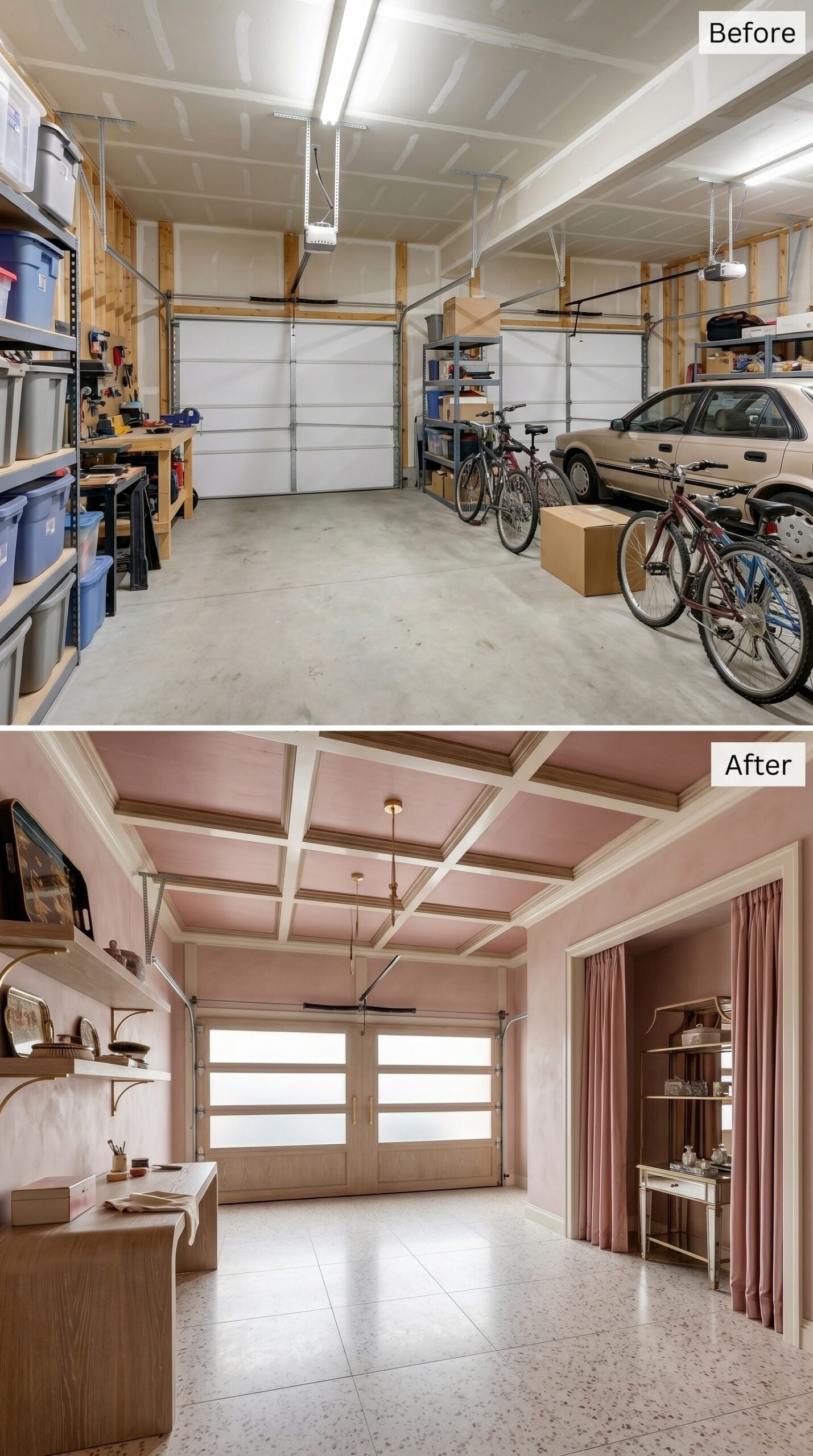 Dusty Rose and Coffered Ceilings Turn a Two-Car Bay Into a Dressing Room