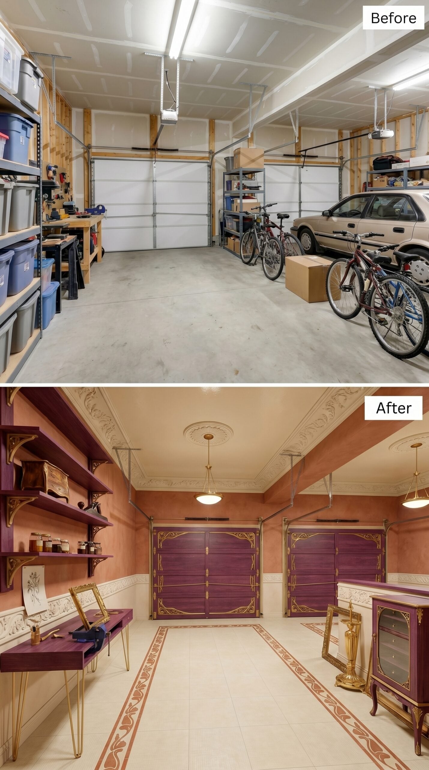 Dusty Rose Plaster and Gold Bracket Shelving Give Two Bays a Parisian Atelier Identity