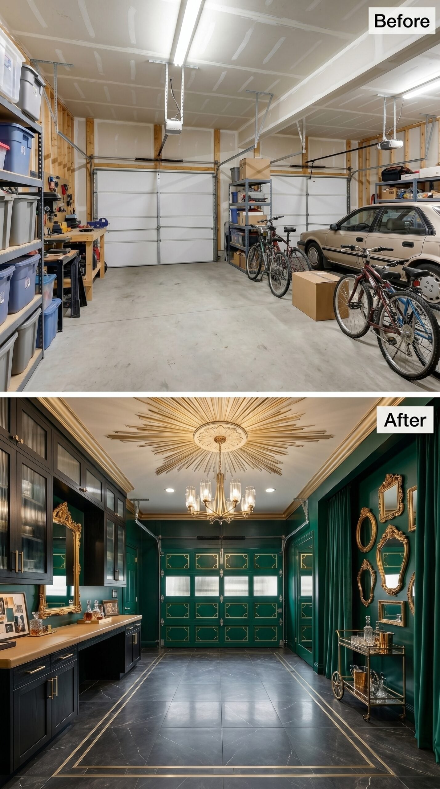 Emerald Walls and a Sunburst Ceiling Turn One Bay Into a Whiskey-Bar Lounge