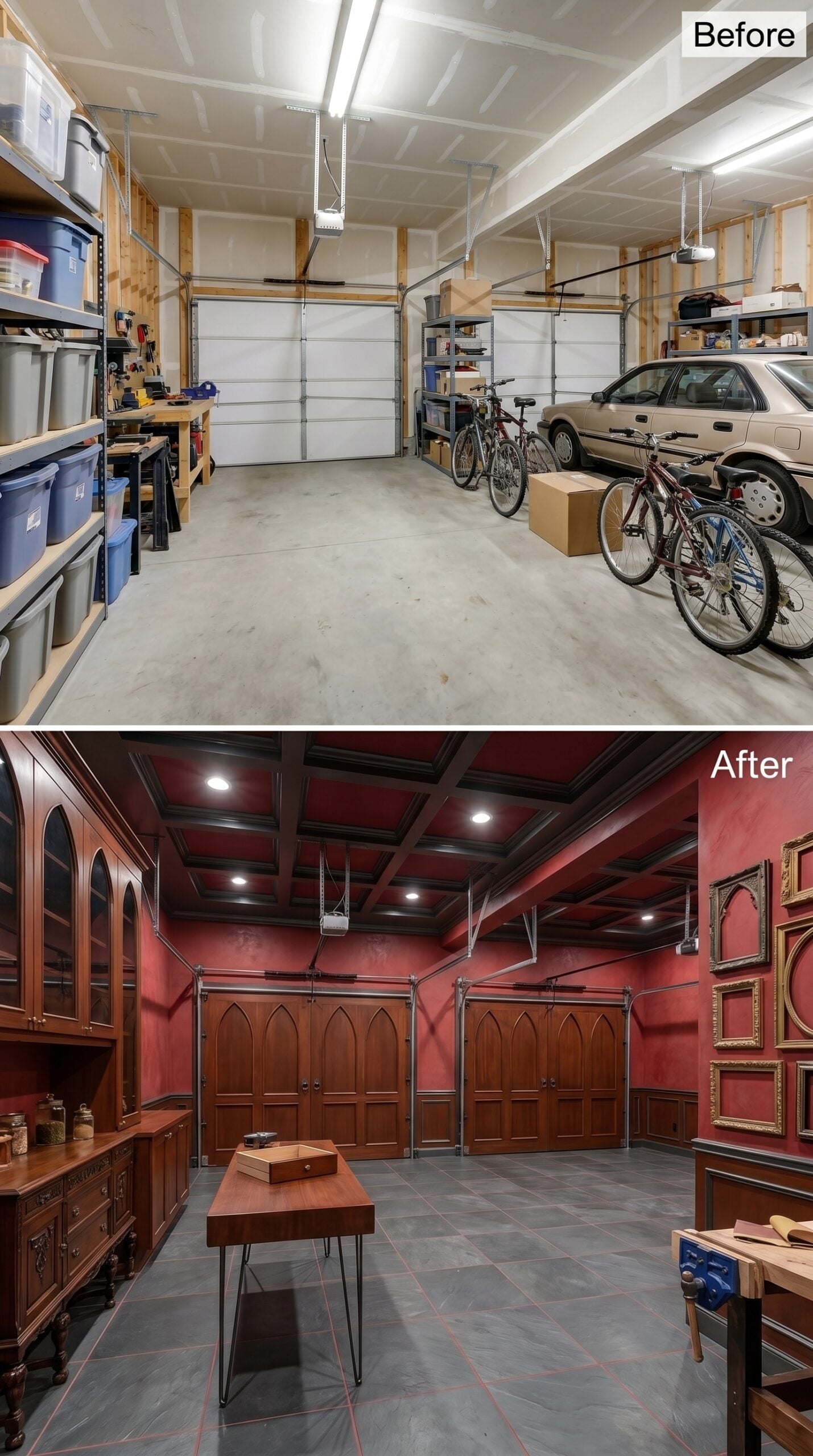 Gothic Garage Workshop Where Crimson Walls Meet Cathedral-Panel Doors