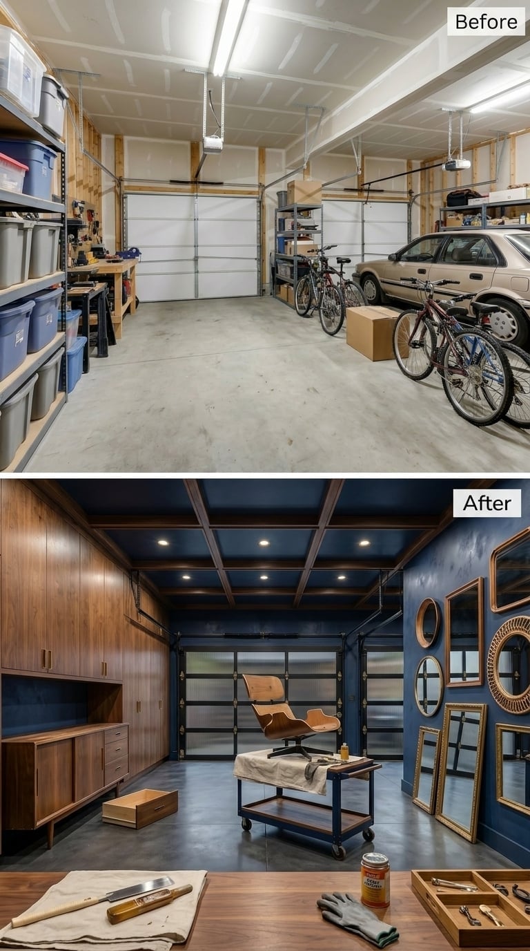 Navy Walls and a Coffered Ceiling Turn Two Bays Into a Furniture Flipper's Dark-Studio Workshop