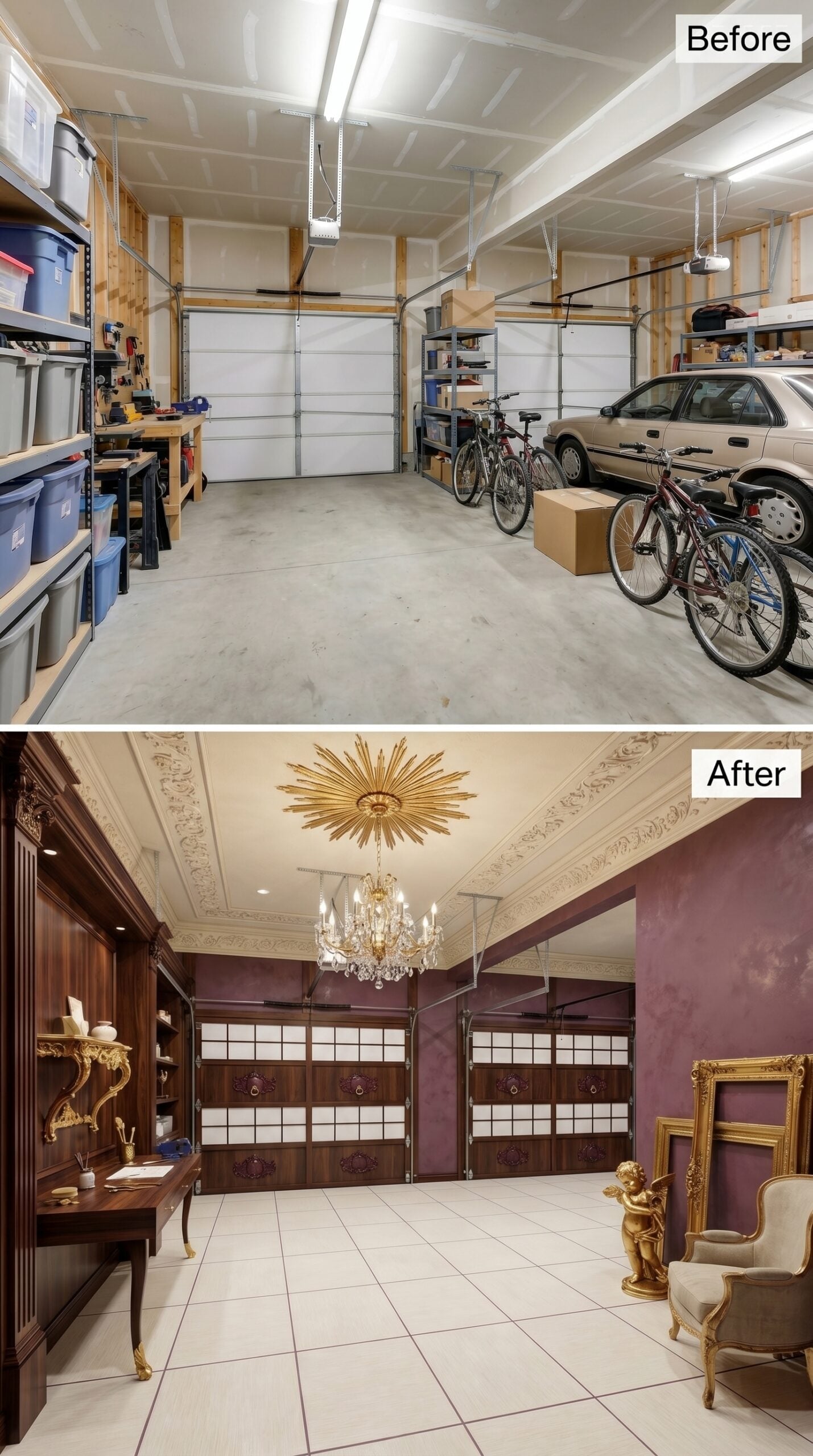 Plum Plaster Walls and a Crystal Chandelier Give Two Bays a Baroque Showroom Identity