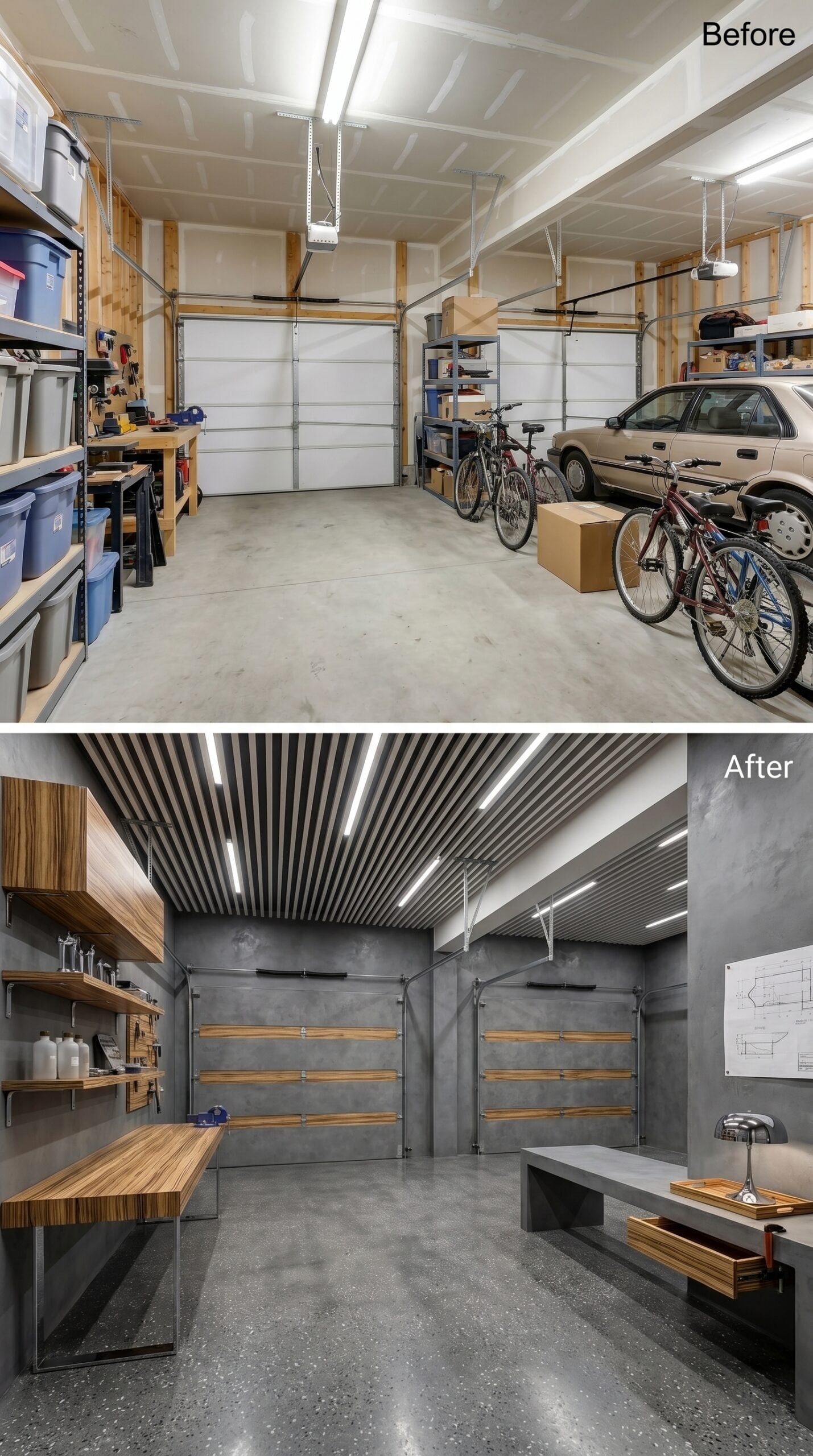 Polished Concrete and Zebrawood Slat Doors Give Two Bays a Serious Craftsman's Identity