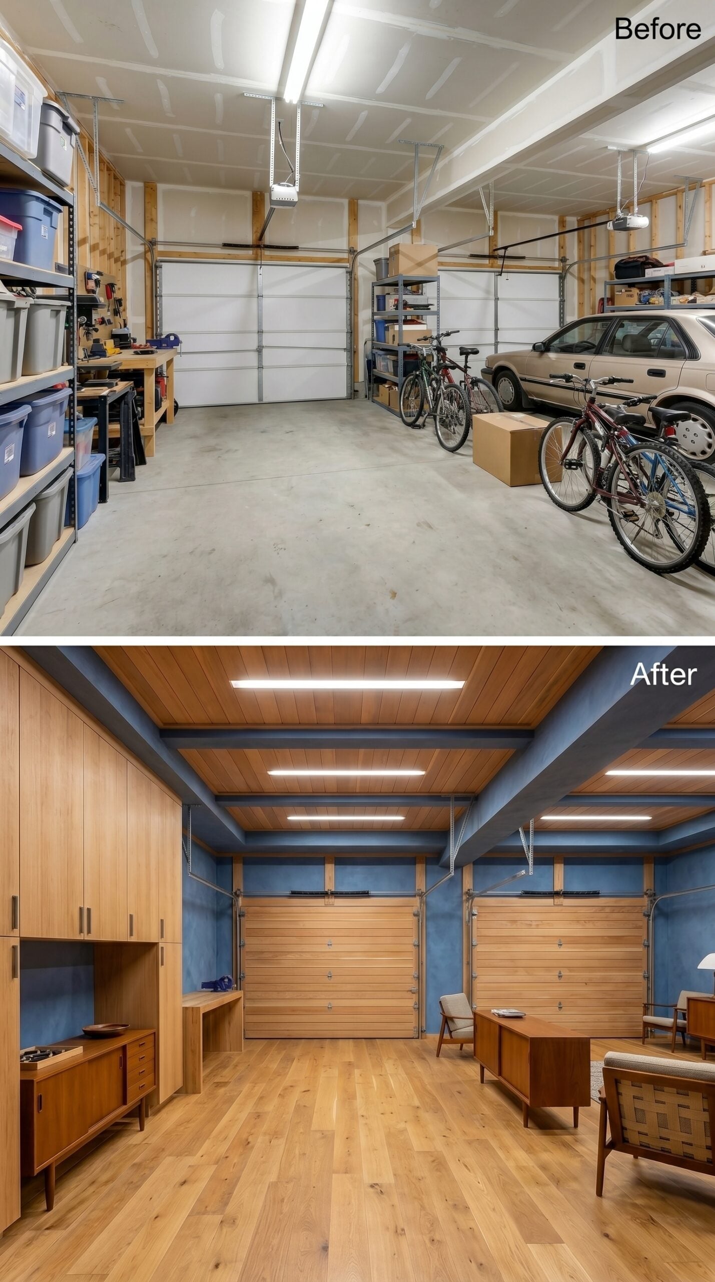 Steel-Blue Walls and a Cedar Plank Ceiling Give Two Bays a Mid-Century Showroom Identity