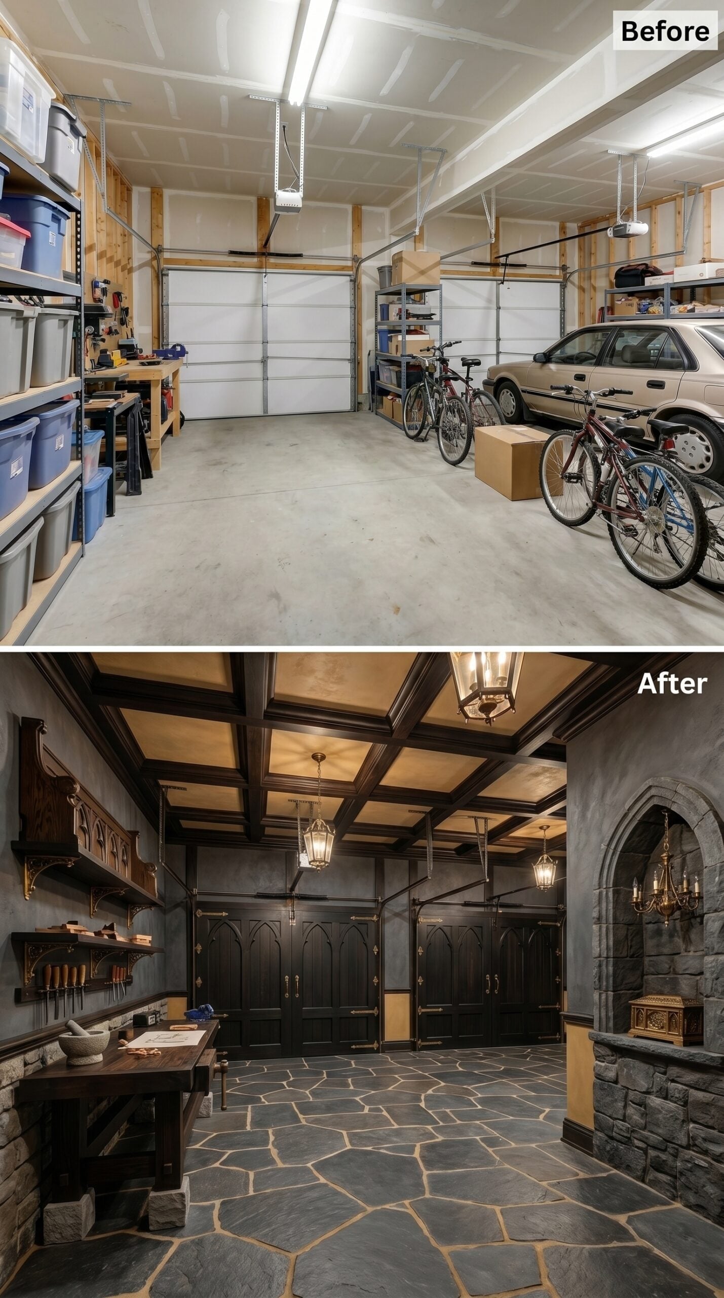 Stone Floors and Gothic Garage Doors Turn One Bay Into a Flipper's Medieval Workshop