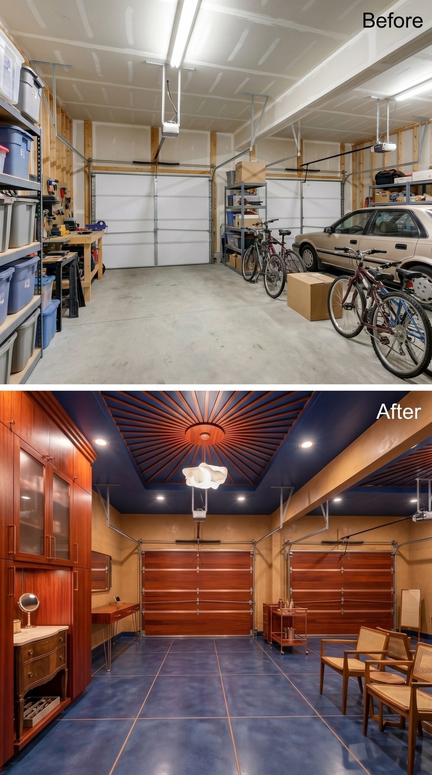 Sunburst Mahogany Ceiling and Navy Tile Give Two Bays the Soul of a Private Members' Club