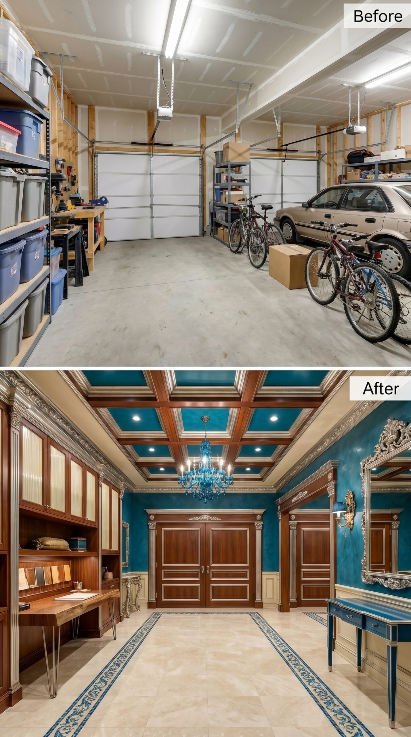Teal Plaster and a Blue Chandelier Give One Bay the Soul of a Baroque Foyer