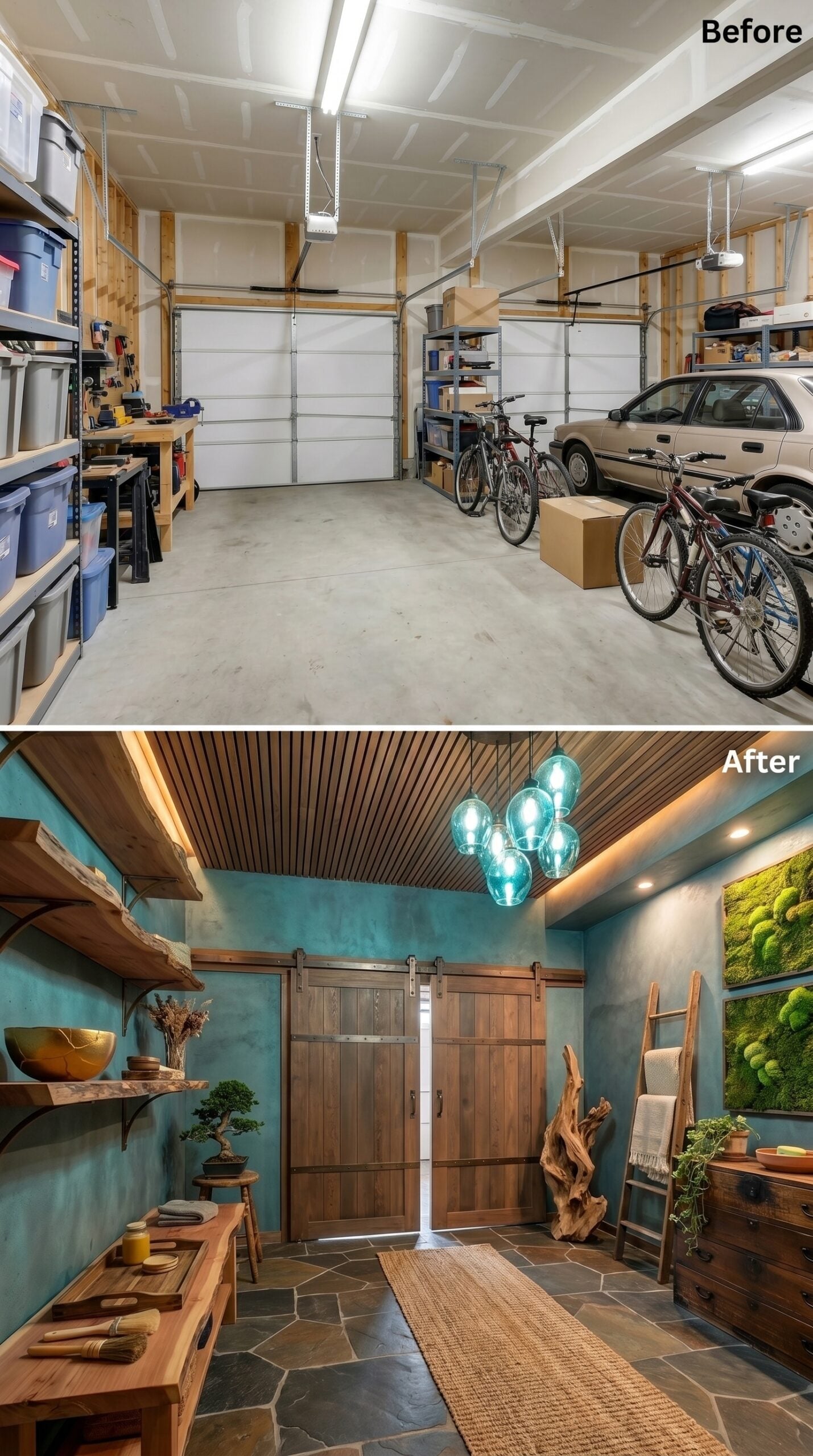 Teal Plaster Walls and a Slatted Cedar Ceiling Give This Garage a Boutique Spa Identity