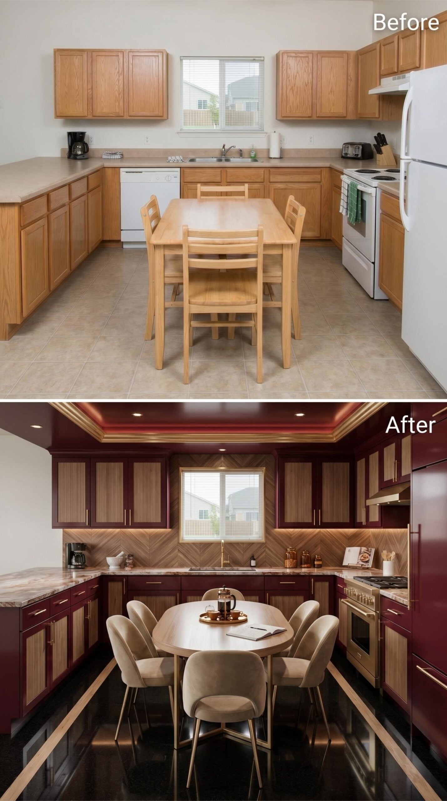 Burgundy Cabinets and Chevron Backsplash for the Cook Who Means Business
