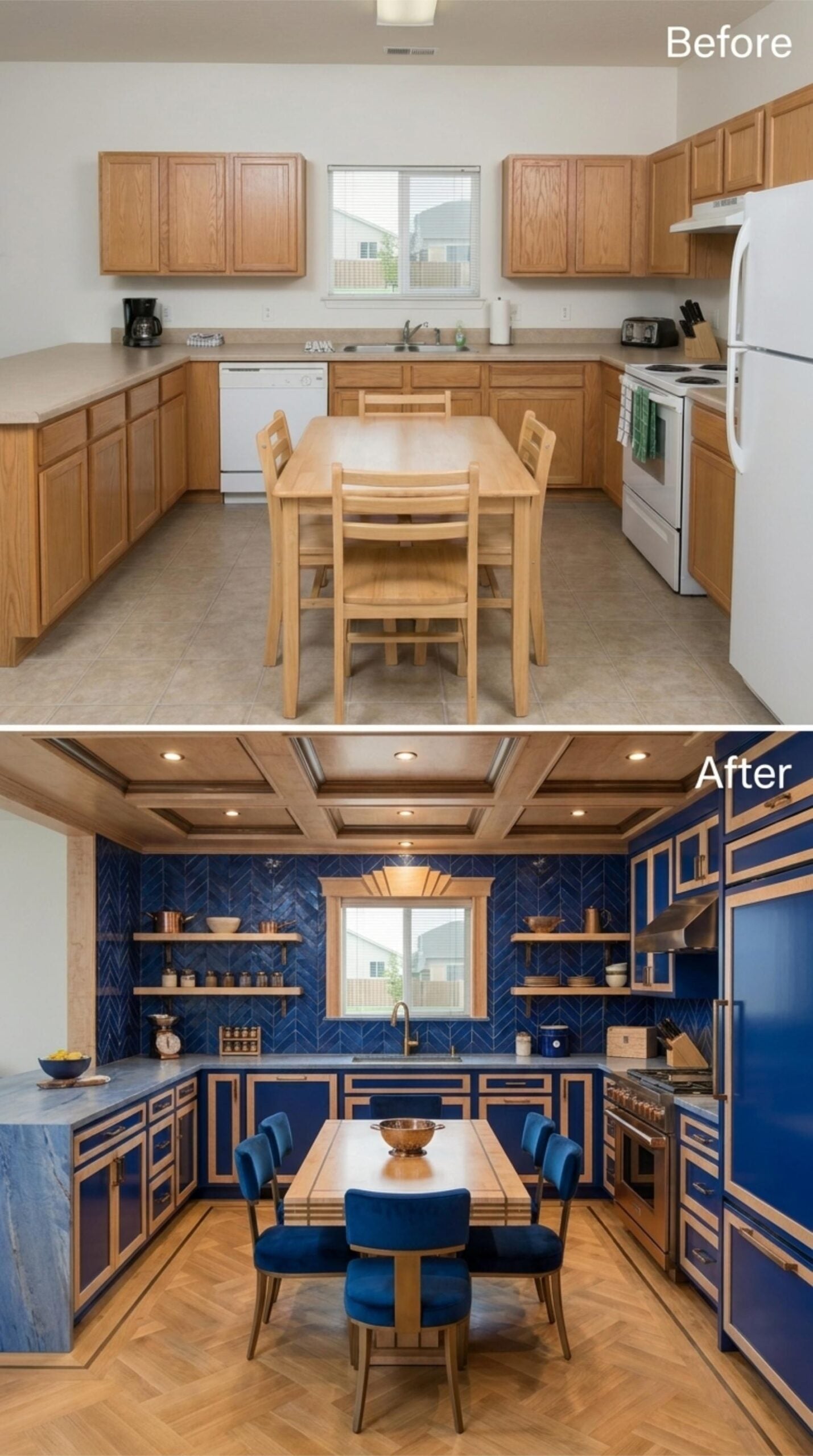 Cobalt Cabinets, Gold Insets, and a Coffered Ceiling That Knows What It's Doing